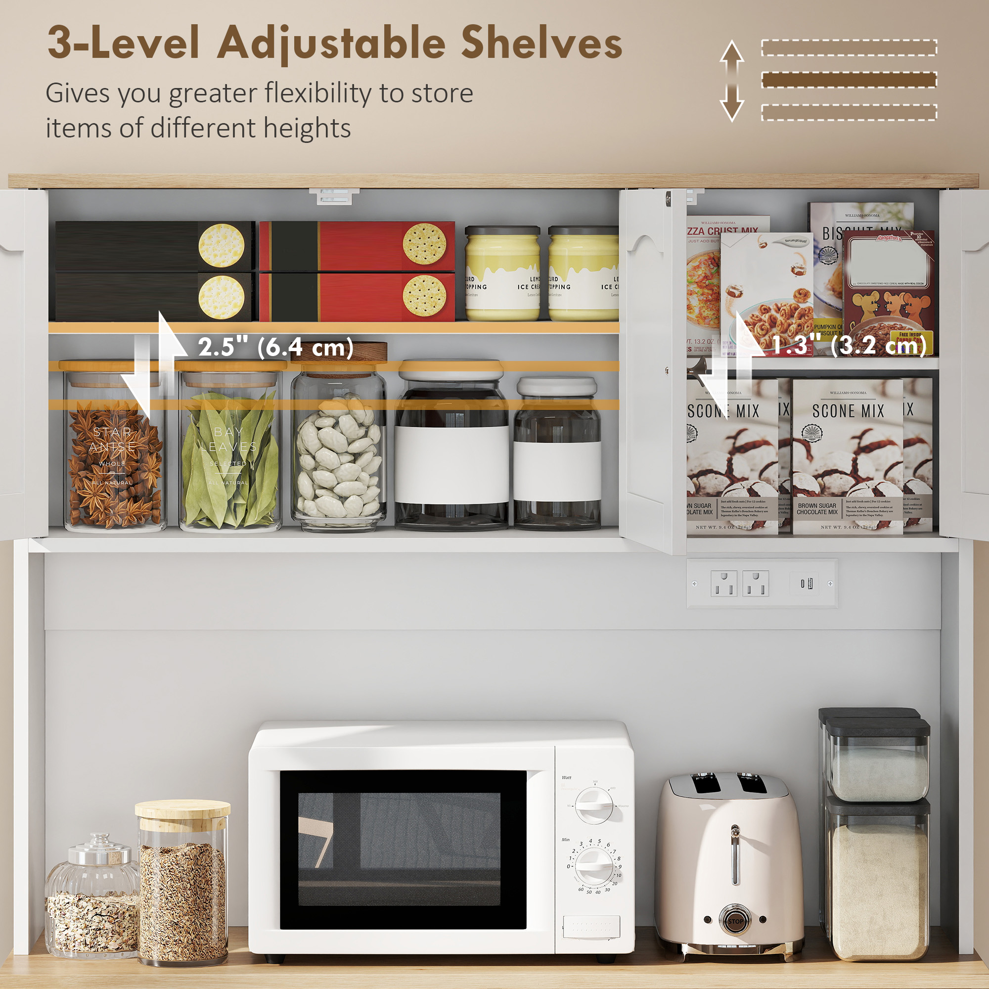68" Pantry Cabinet with Charging Station, Storage Cabinet with Microwave Stand, 10 Gallon Trash Can Cabinet, White - Image 3