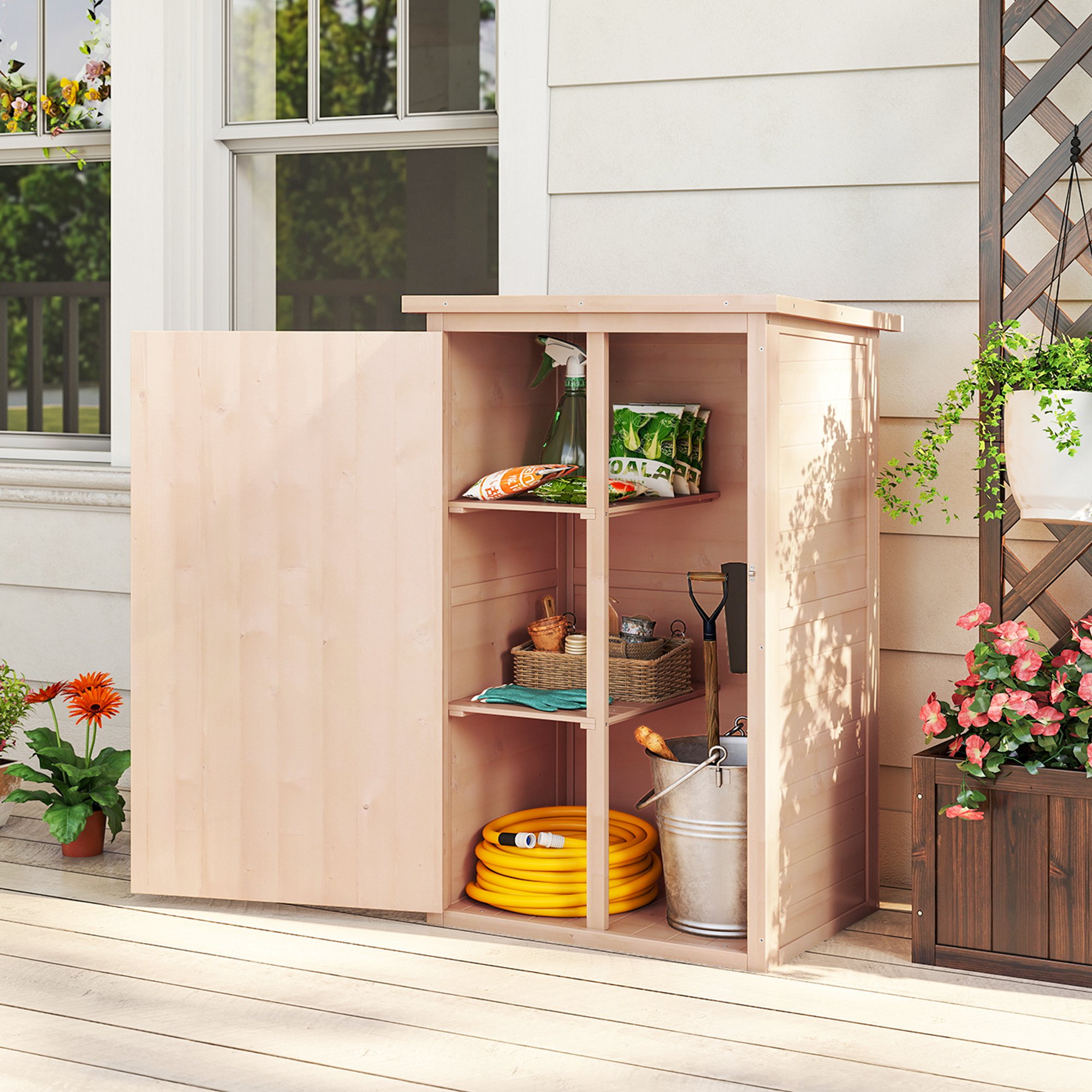29.9"x21.7"x45.3"Garden Storage Shed with Asphalt Roof, Outdoor Storage Cabinet w/ Shelves, Natural - Image 6