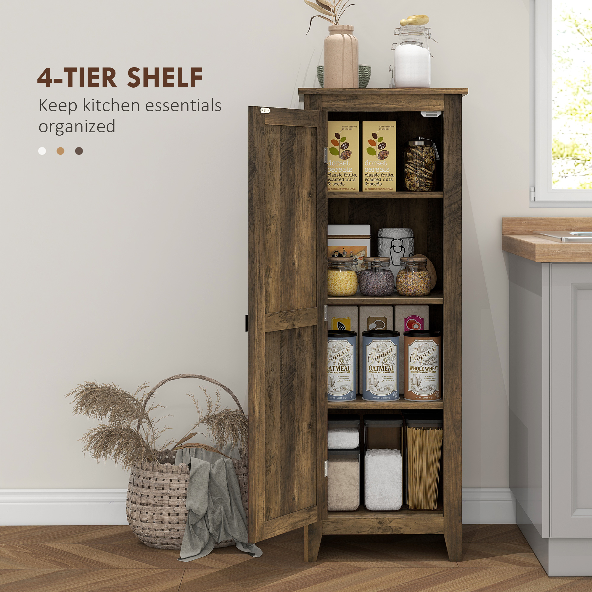 48" Farmhouse Kitchen Pantry Storage Cabinet with Barn Door, Kitchen Pantry Cabinet with Adjustable Shelves, Brown - Image 2