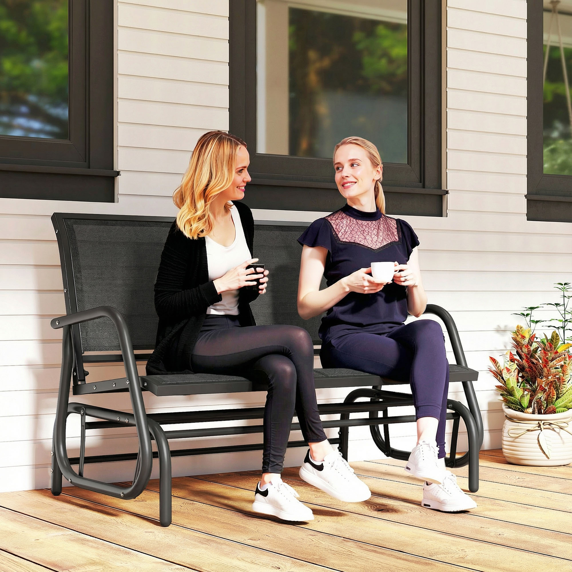 Outdoor Glider Bench, 2 Seater Garden Patio Glider Chair with Sling Fabric Seat, Steel Frame, Black - Image 6