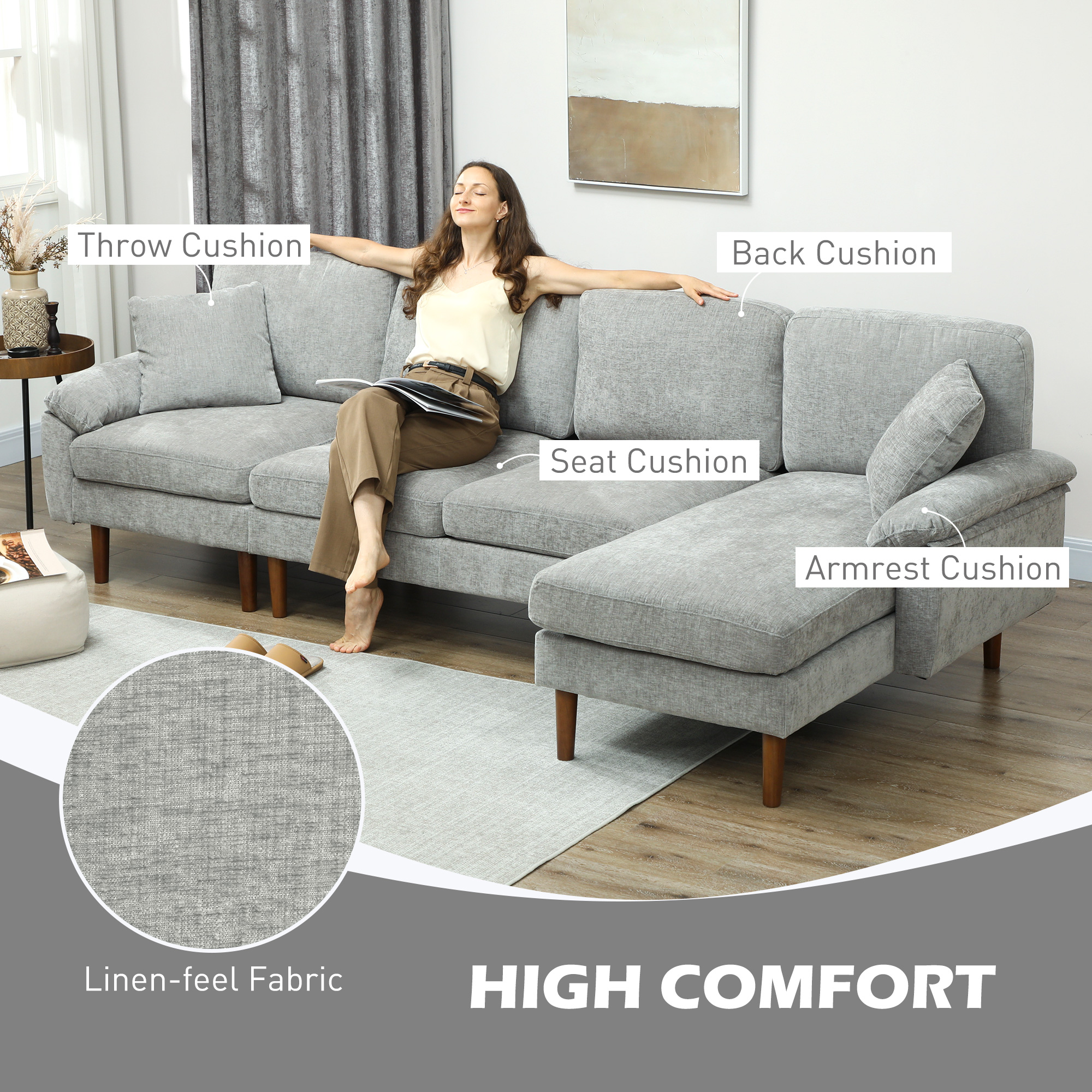 L-Shape Sofa, Modern Sectional Couch with Changeable Chaise Lounge, Pillows and Wooden Legs for Living Room, Grey - Image 2