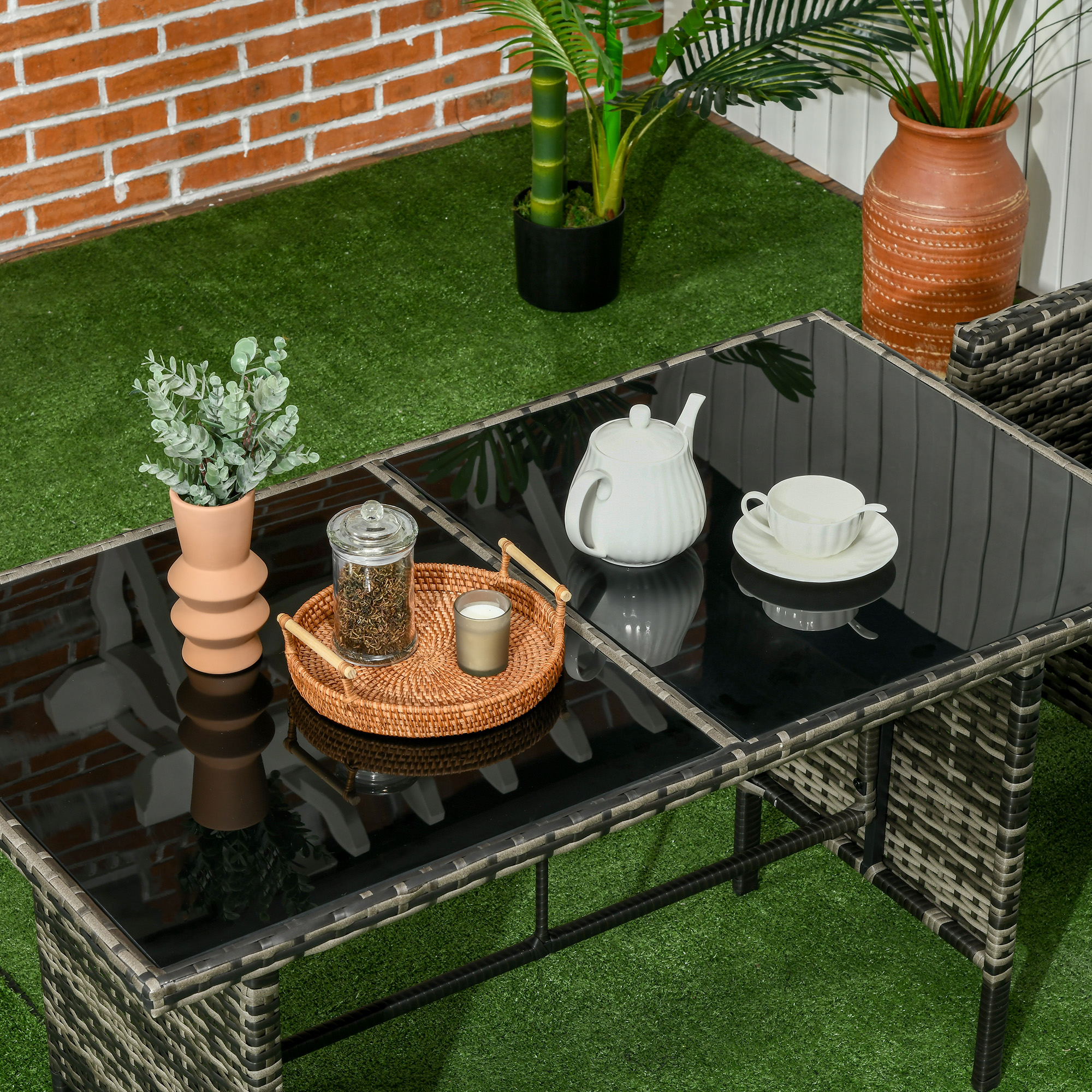 6-Piece Outdoor Patio Furniture Set with Chairs, Ottomans, Sofa, Glass Top Coffee Table and Cushions, Wicker Rattan Conversation Set for Backyard and Porch, Grey - Image 6