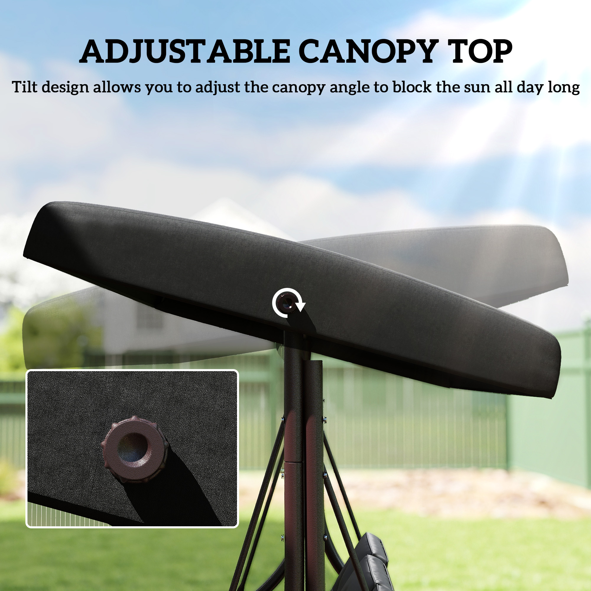 Convertible Patio Swing Bed with Canopy and Cushions, 3 Seater Porch Swing for Outdoor, Backyard, Garden, Black - Image 3