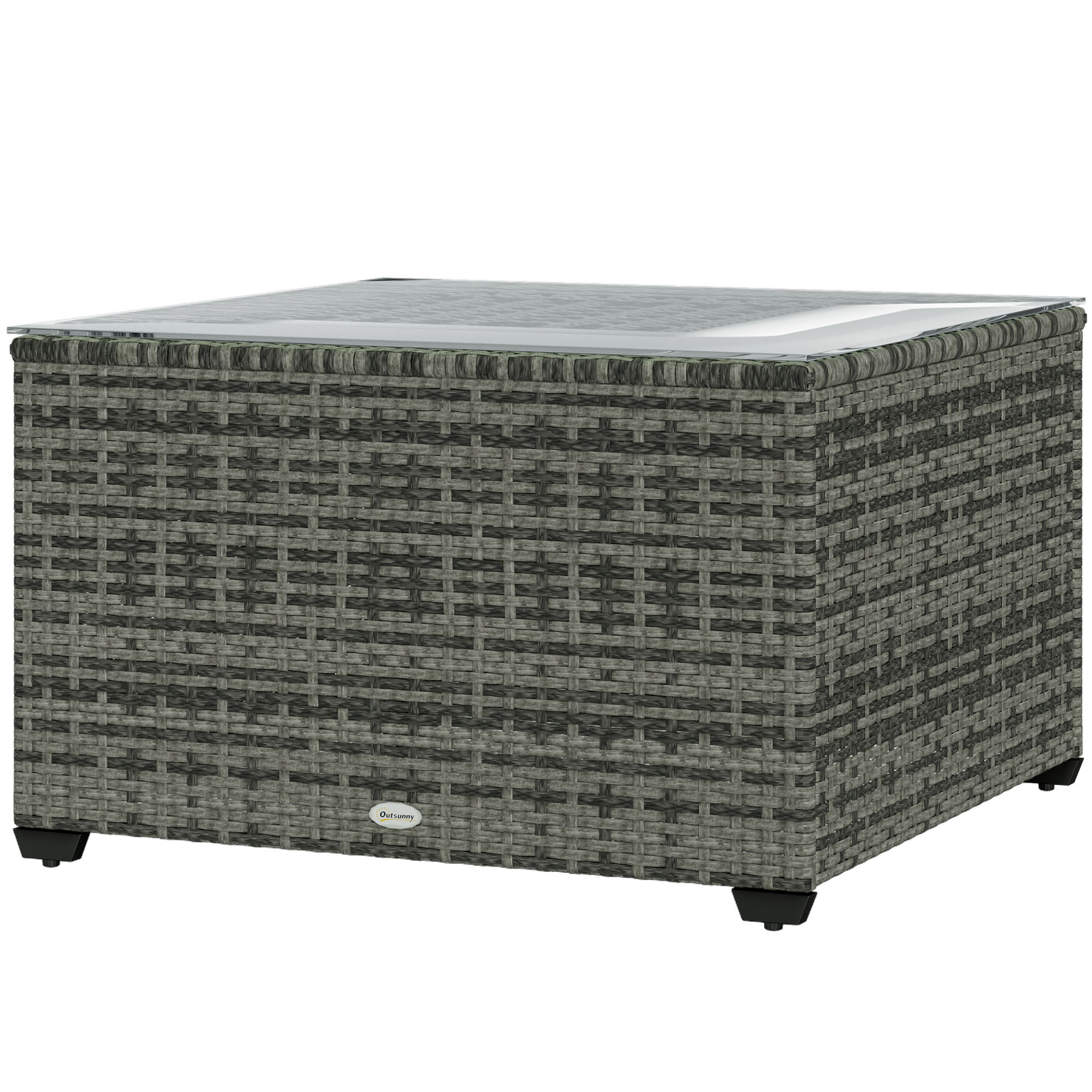 24.4" Patio Wicker Coffee Table, PE Rattan Outdoor Side Table with Tempered Glass Top, Light Grey