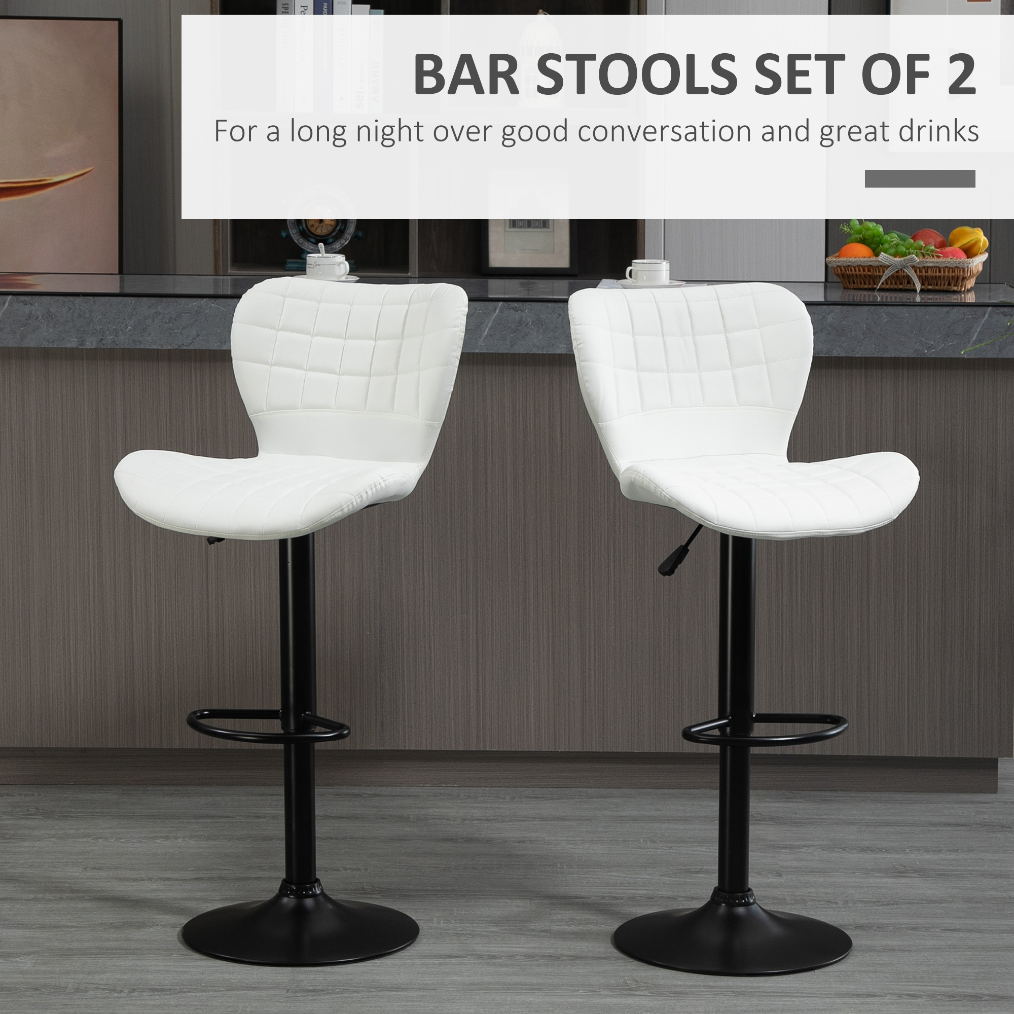 Bar Stools Set of 2 Adjustable Height Swivel Bar Chairs in PU Leather with Backrest & Footrest, White - Image 2
