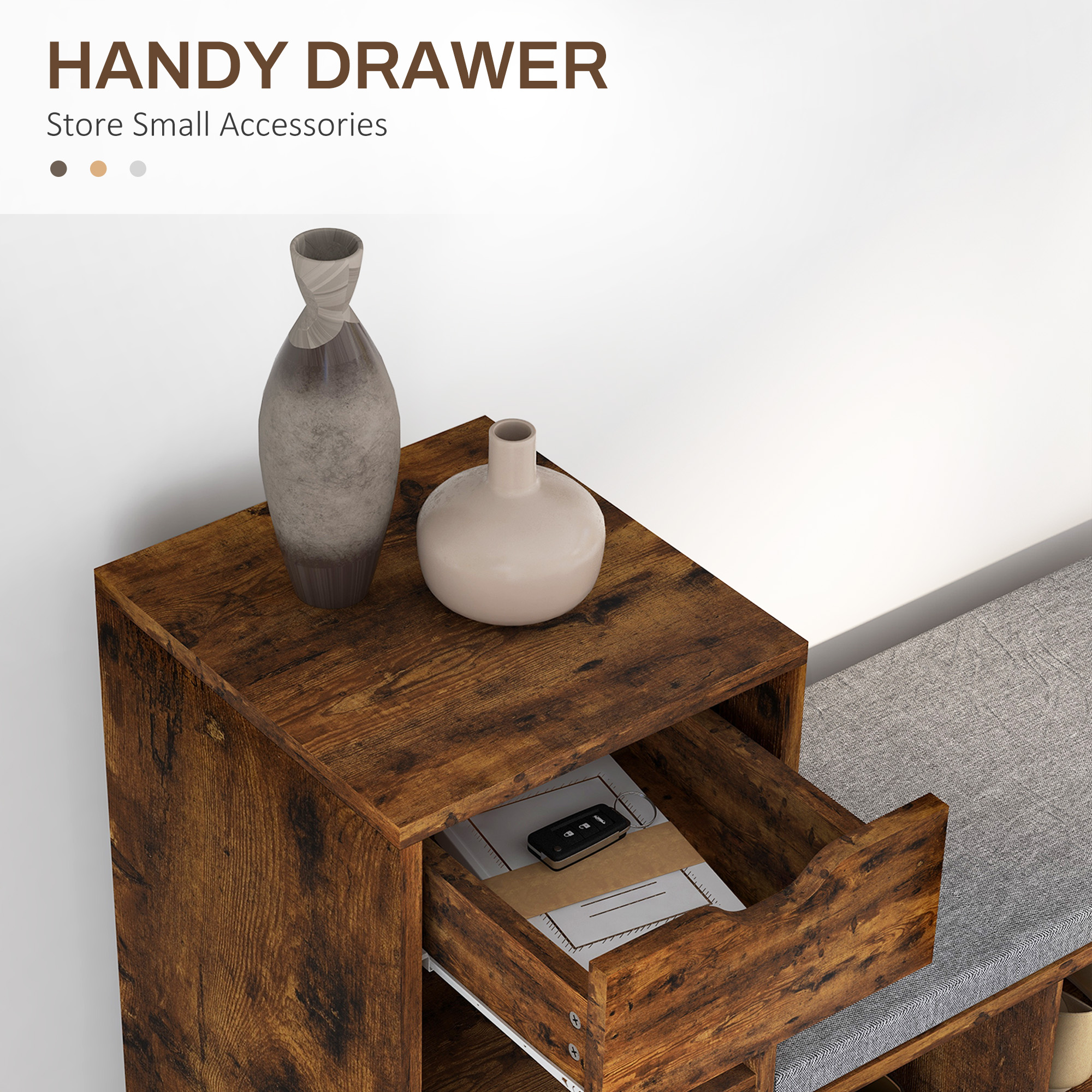 Upholstered Shoe Storage Bench w/ Seat, Entrance Bench w/ Drawer and 6 Open Shelves for Hallway, Rustic Brown - Image 3