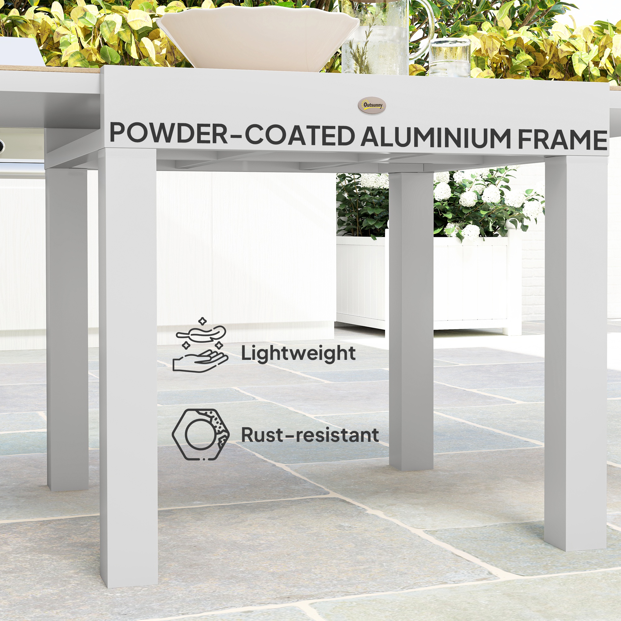 Extendable Patio Dining Table, Aluminum Frame Outdoor Patio Table with Faux Wood Top for Garden Backyard, Natural Wood - Image 3
