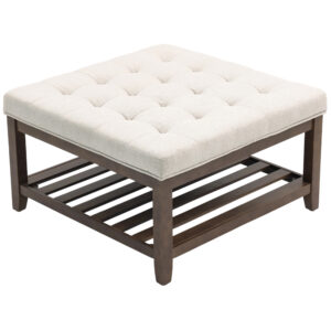 Ottoman Coffee Table, 32 Inch Square Footrest Ottoman with Storage, Linen Upholstered Tufted Footstool, Beige