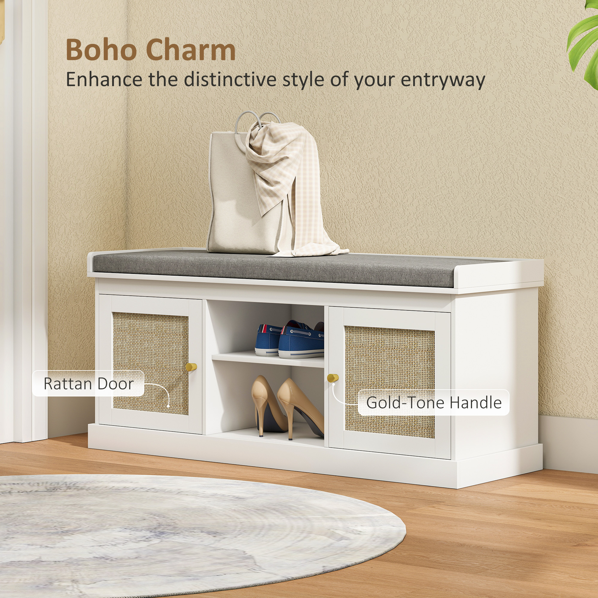 Shoe Bench with Padded Cushion, Boho Entryway Bench with Rattan Doors and Adjustable Shelves, Holds 9 Pairs, White - Image 2