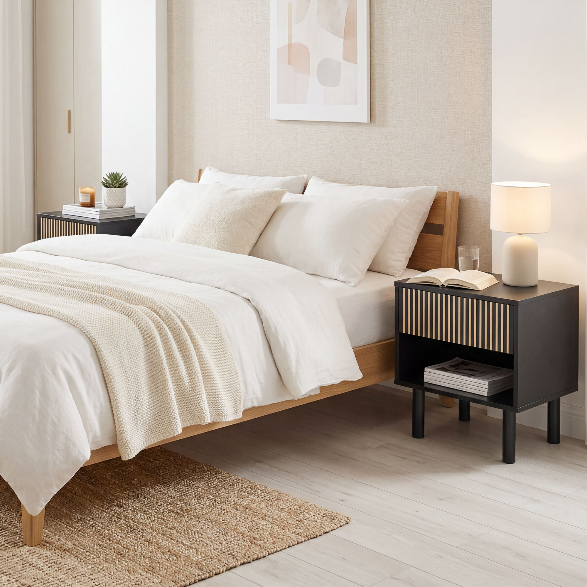 Modern Bedside Table with Drawer and Open Shelf, Sofa Side Table for Bedroom Living Room, Black - Image 5