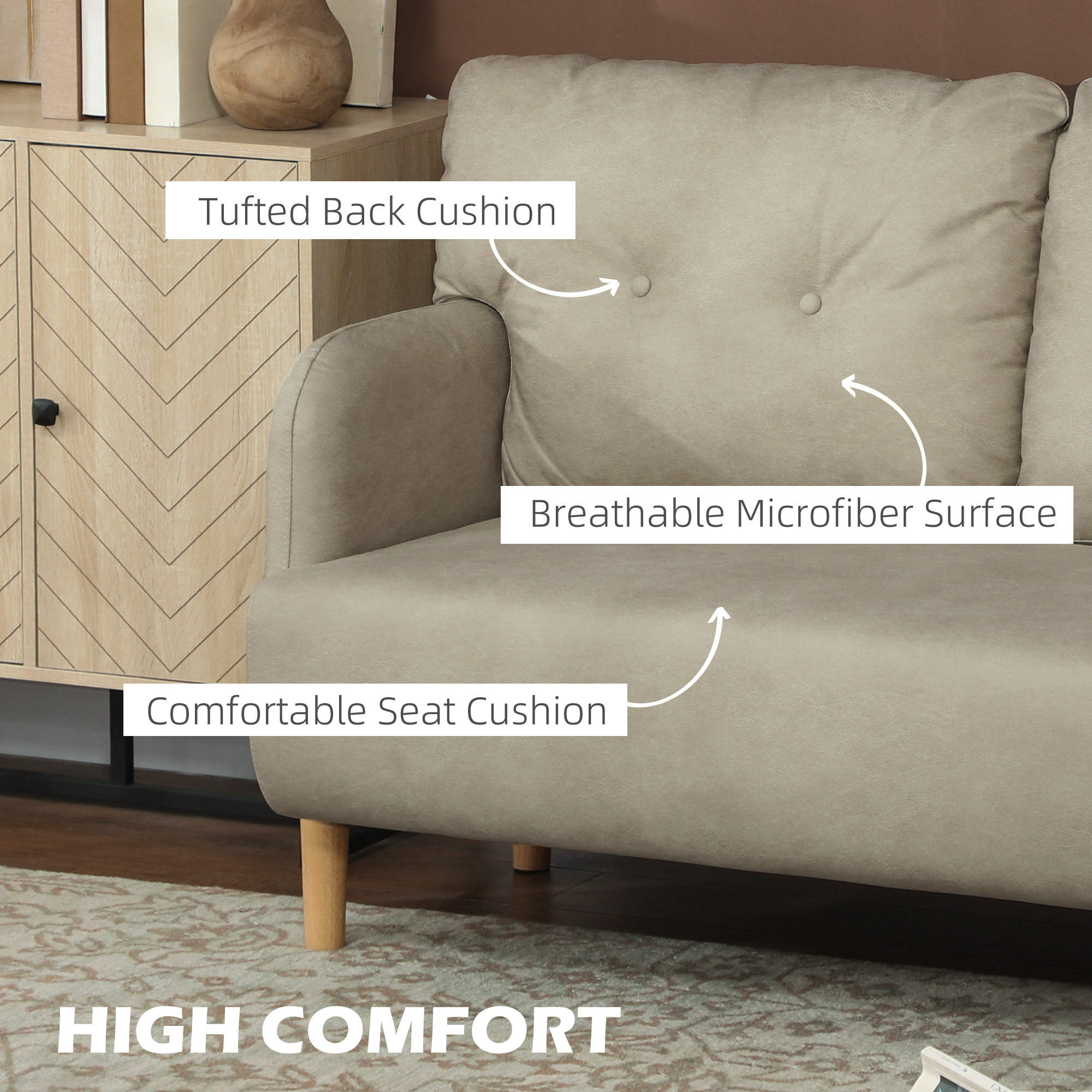 58" 2 Seat Sofa, Modern Love Seats Furniture, Upholstered 2 Seater Couch, Solid Wood Frame, Beige - Image 3