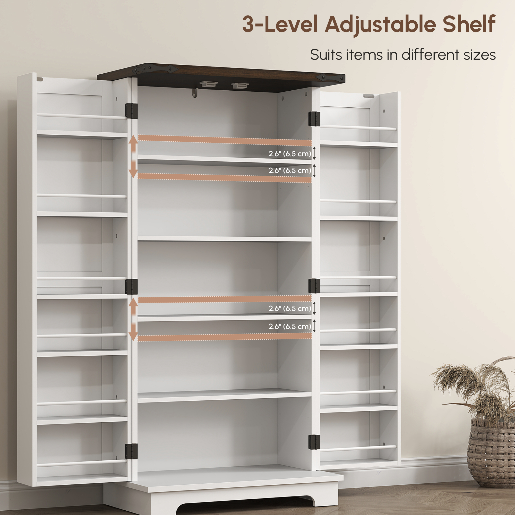 47" Kitchen Pantry Storage Cabinet, Farmhouse Kitchen Pantry Cabinet with Adjustable Shelves and Door Shelves, White - Image 4
