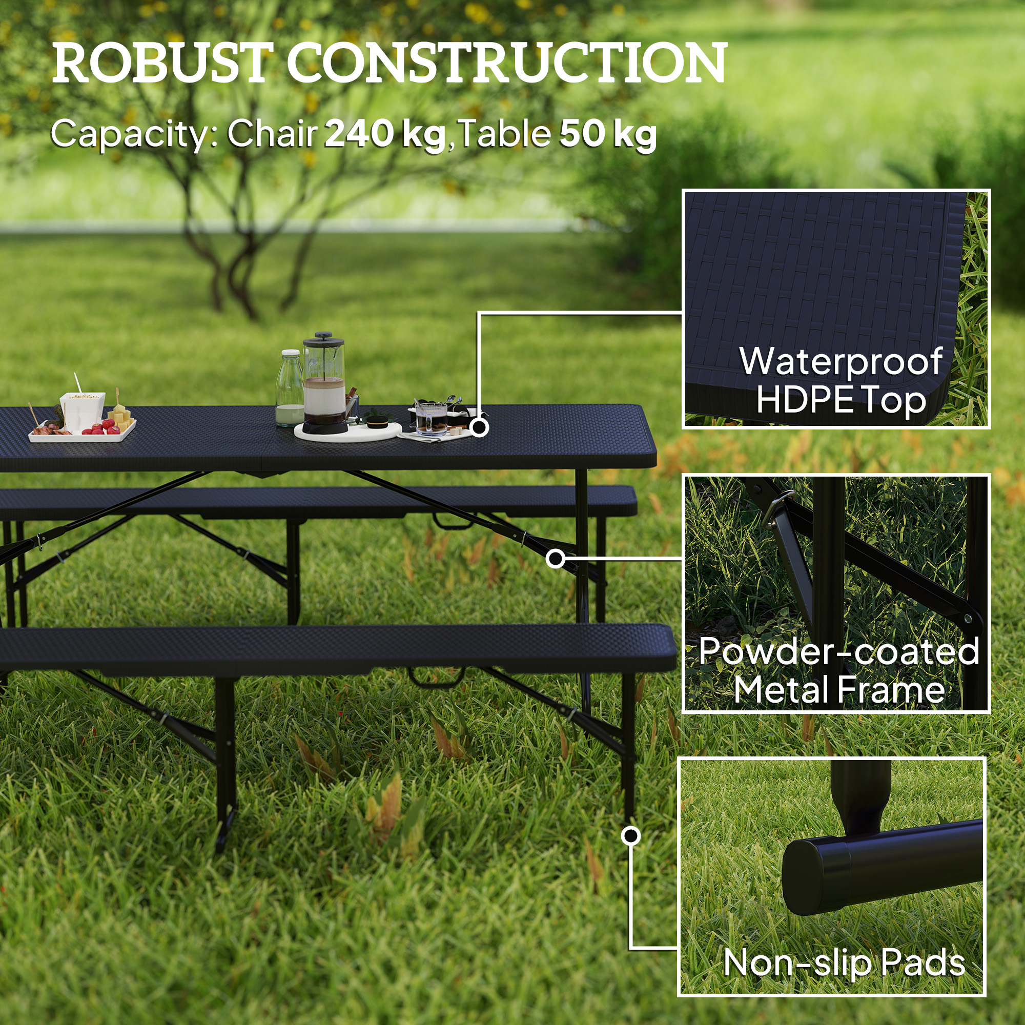 6FT 3PCS Faux Rattan Outdoor Camping Table Bench Set with Carrying Handles, Folding Picnic Table with 2 Benches, Black - Image 3