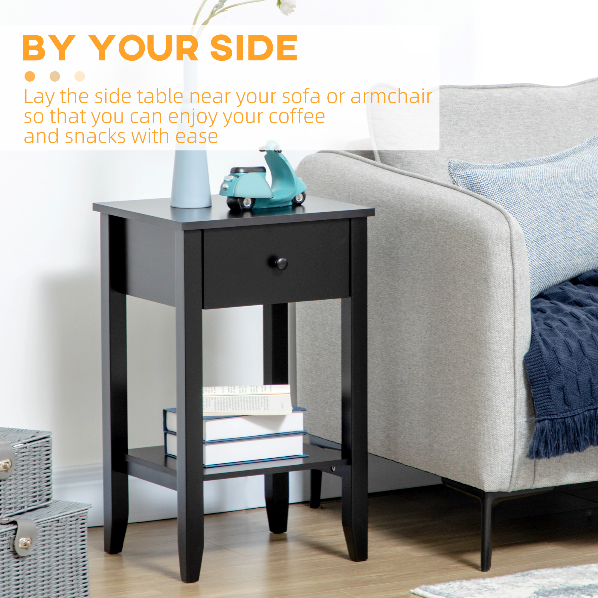 Side Table Set of 2, End Tables with Drawer and Bottom Shelf, 2-tier Nightstand for Bedroom, Living Room, Black - Image 3