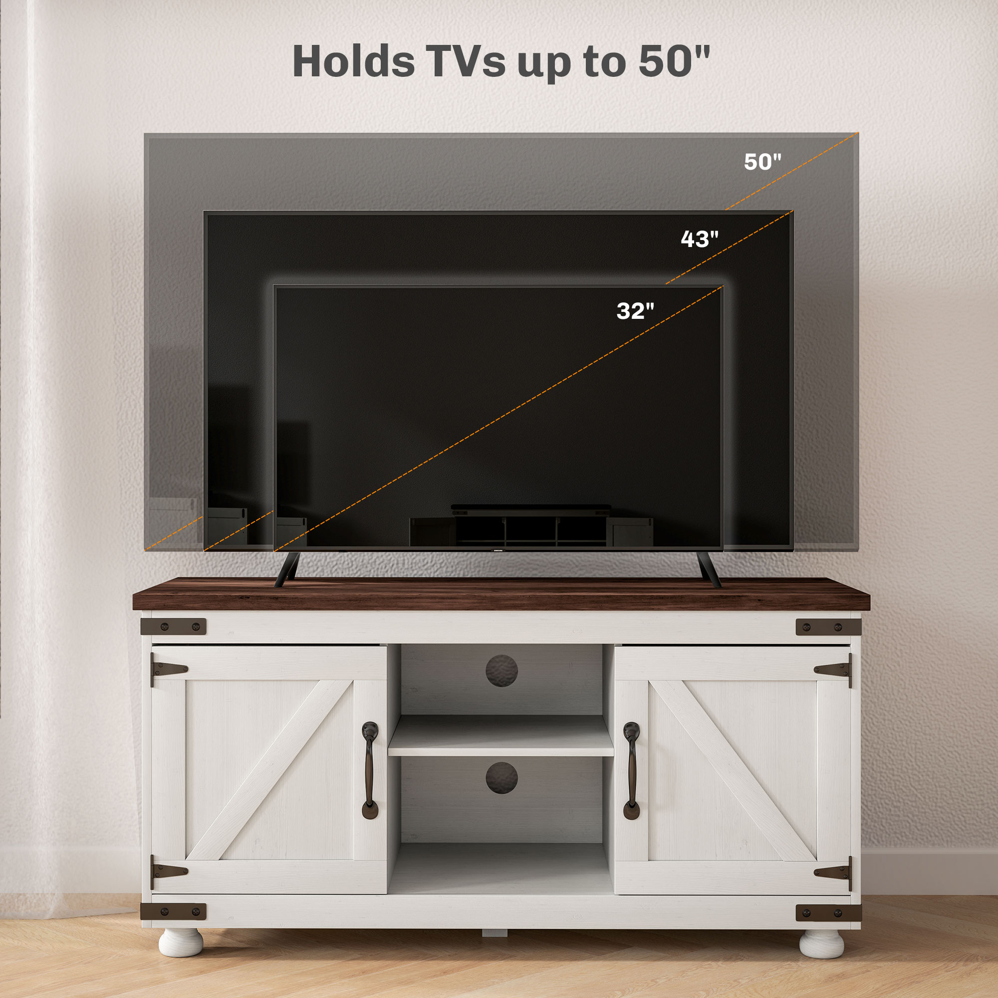 Farmhouse TV Stand for up to 50" TV, TV Cabinet with Barn Doors, Cable Management for Living Room, Distressed White - Image 4