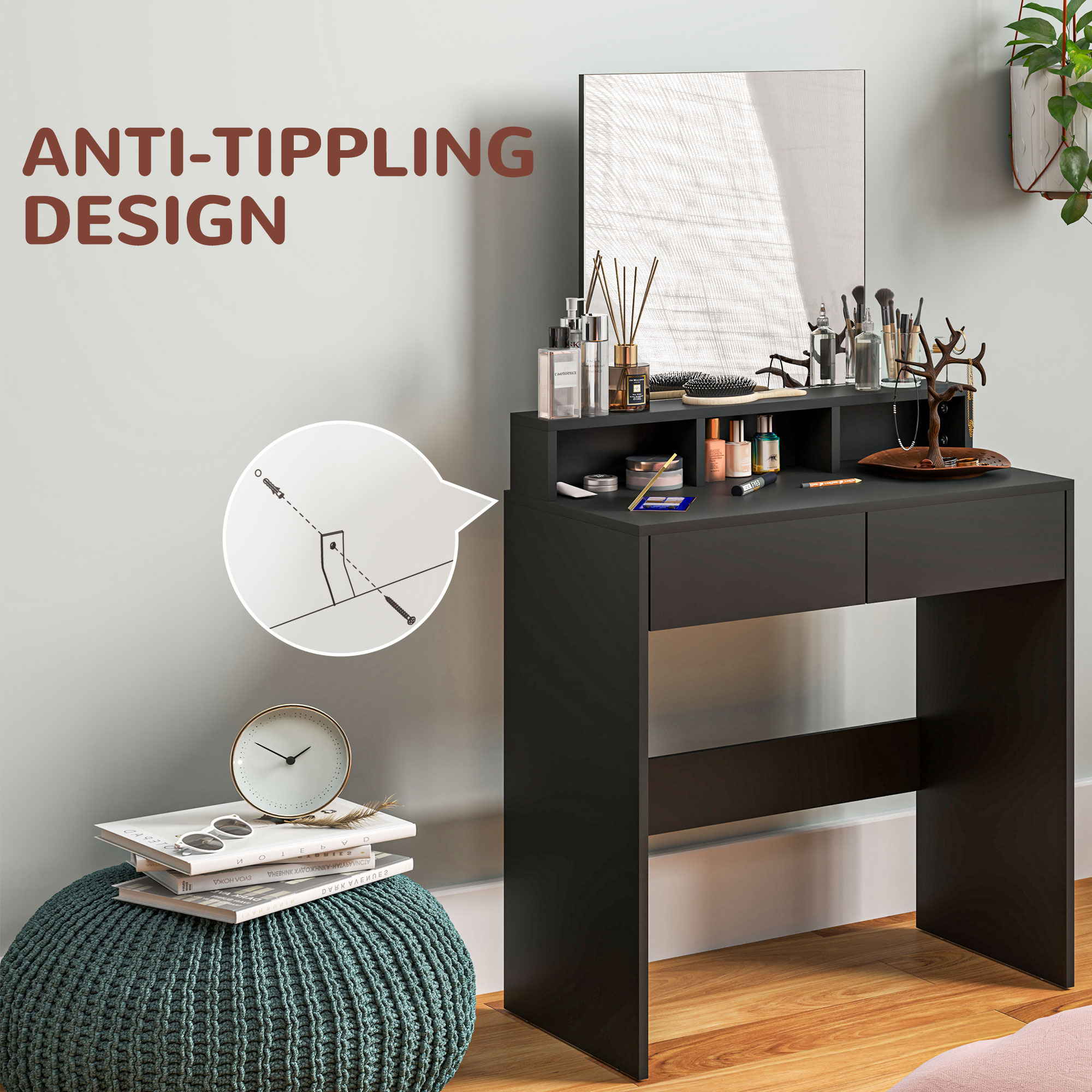 Makeup Vanity Desk with Mirror, for Bedroom, Modern Dressing Table with Drawers, Compartments, Black - Image 3