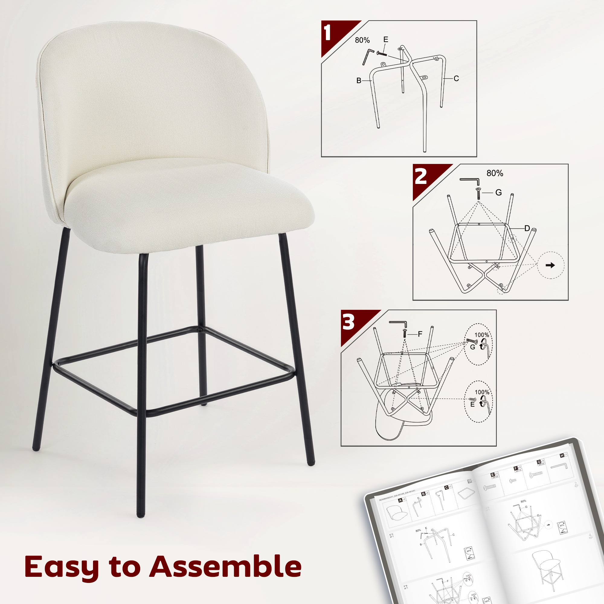 Set of 2 Counter Height Barstools, Upholstered Linen Bar Stools with Backrest, Footrest and Steel Legs, Cream White - Image 5