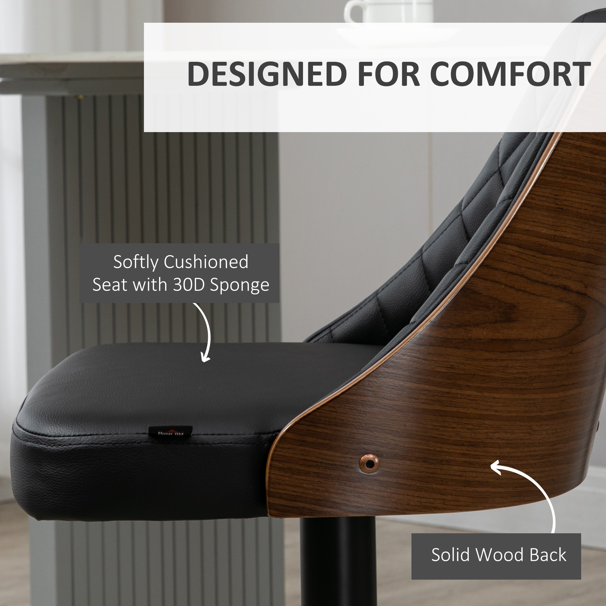 Modern Bar Stools PU Leather Set of 2 Swivel Bar Height Barstools Chairs with Adjustable Height, Round Heavy Metal Base and Footrest, Black - Image 3
