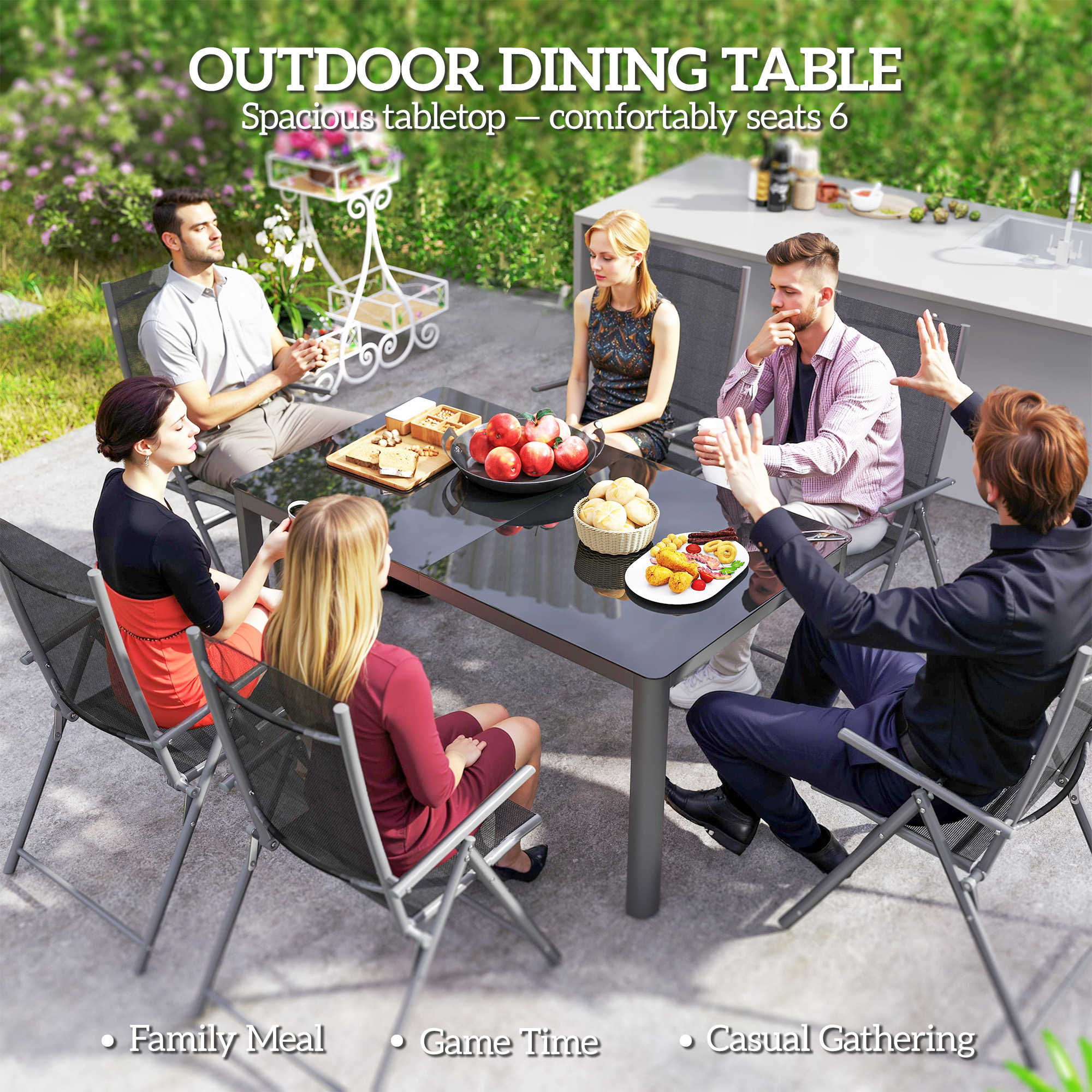 59" x 35" Aluminium Outdoor Dining Table for 6, with Glass Tabletop, Grey - Image 2