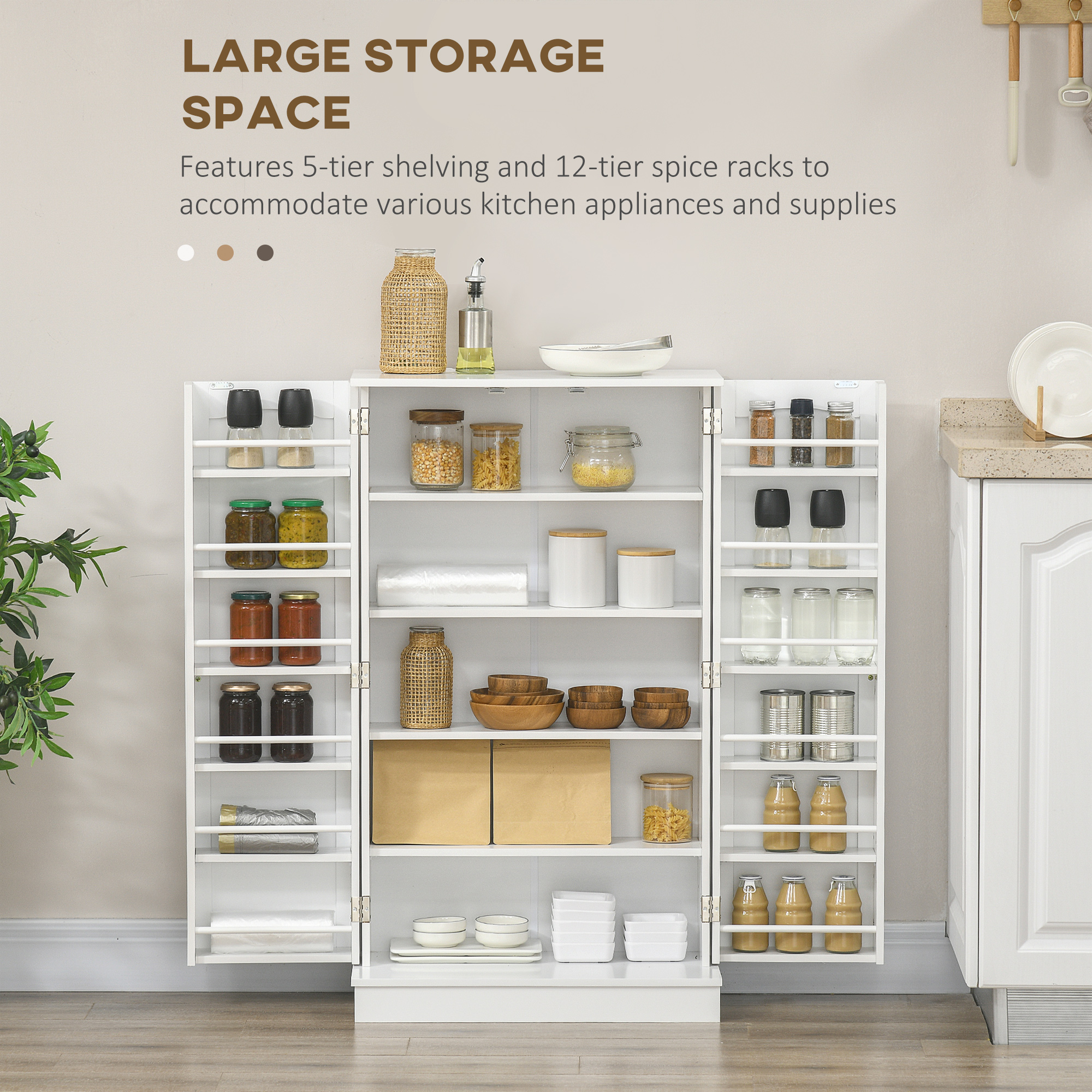 Freestanding Pantry Cabinet 41 Inch Kitchen Pantry with Spice Racks and Adjustable Shelves for Home Use, White - Image 4