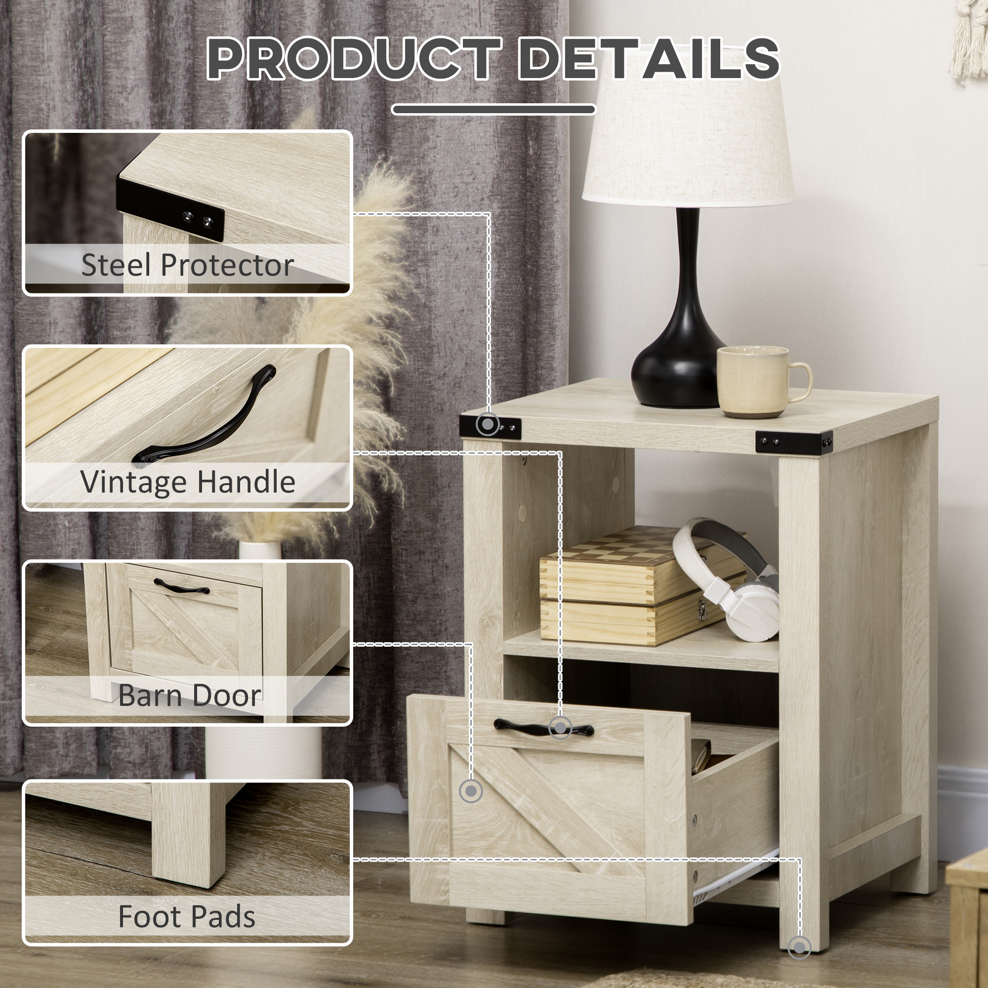 Side Table with Storage, Farmhouse End Table with Drawer, Open Shelf and Barn-style Panel, Nightstand for Living Room, Bedroom, Oak - Image 4