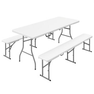 6FT 3-Piece Portable Outdoor Camping Table Bench Set with Carrying Handles, Folding Picnic Table with 2 Benches, White