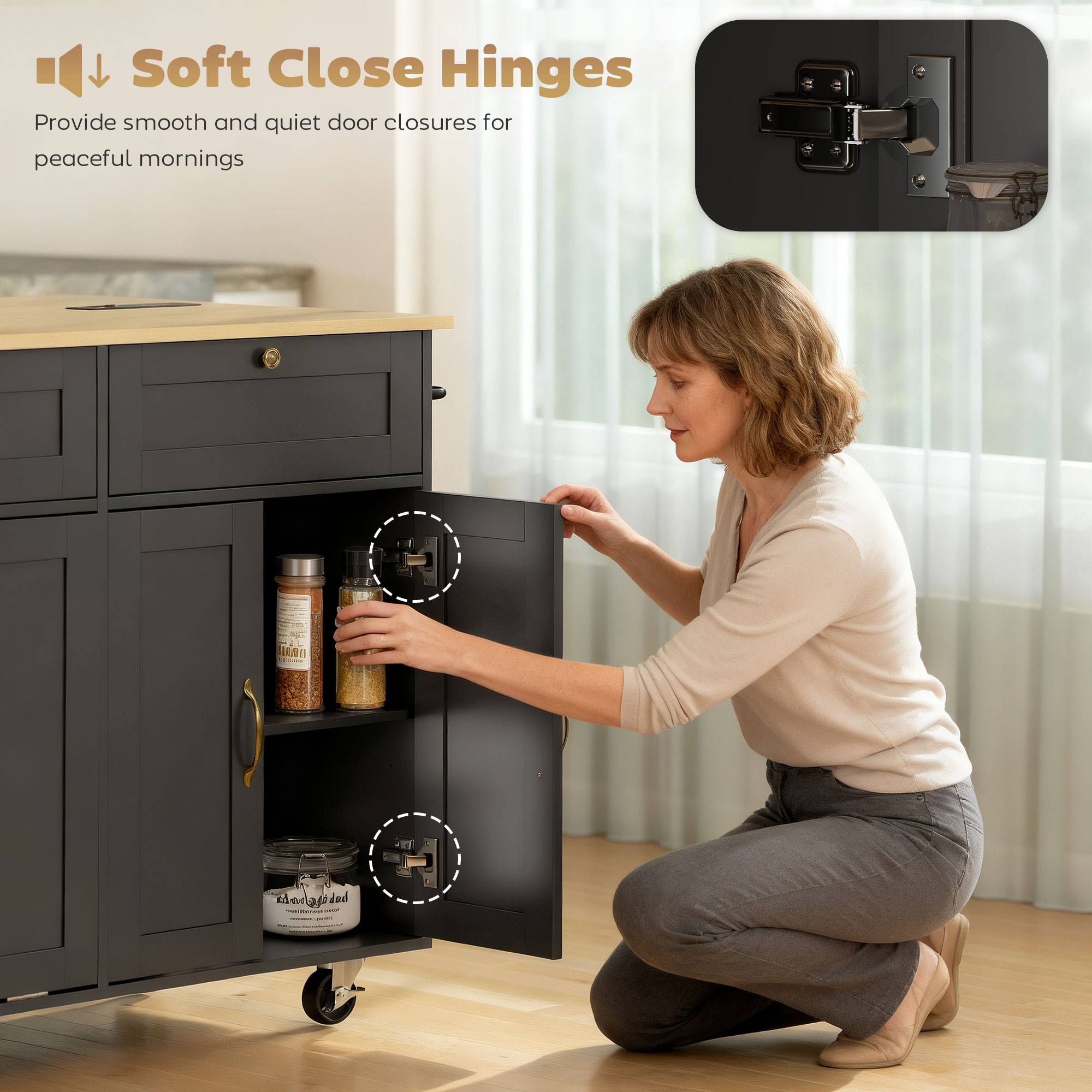 Kitchen Island Cart with Charging Station and Drop Leaf, Kitchen Island Table on Wheels with Trash Can Cabinet, Black - Image 5