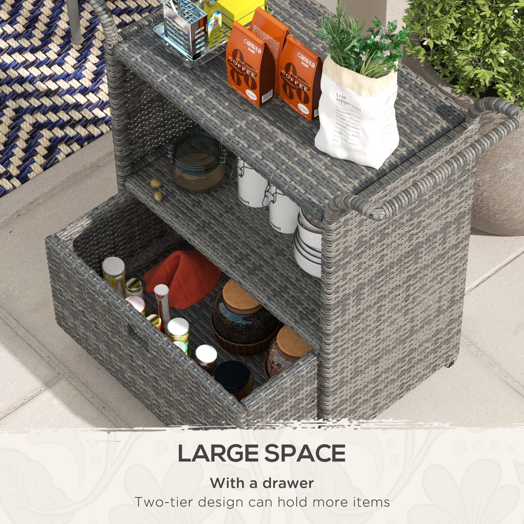 Patio PE Wicker Garden Serving Cart with 2-Tier Shelf, Outdoor Wheeled Rattan Food Cart with Drawer, Handles, for Poolside, Garden, Mixed Grey - Image 4