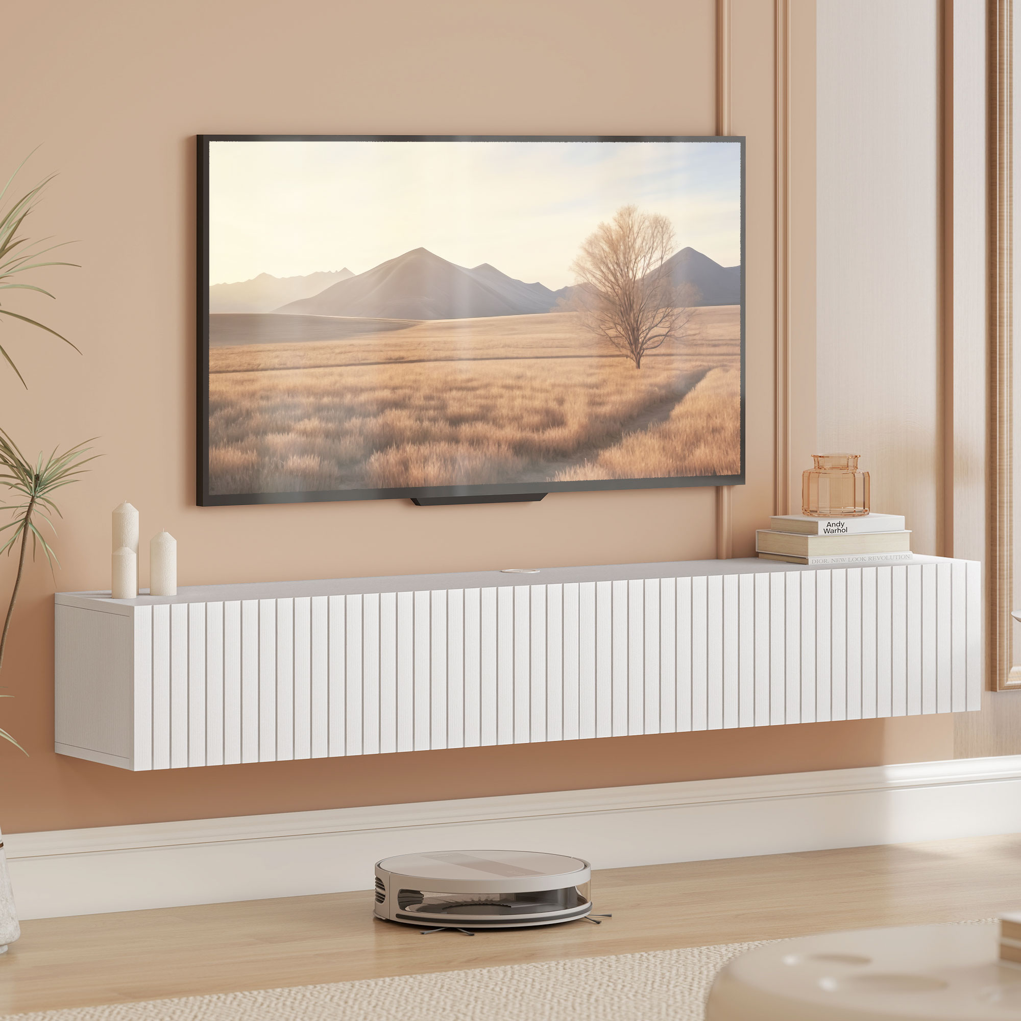 55" Floating TV Stand for TVs up to 72 Inch, Wall Mount Media Console with 2 Fluted Flip-Down Doors, Cable Hole, White - Image 6