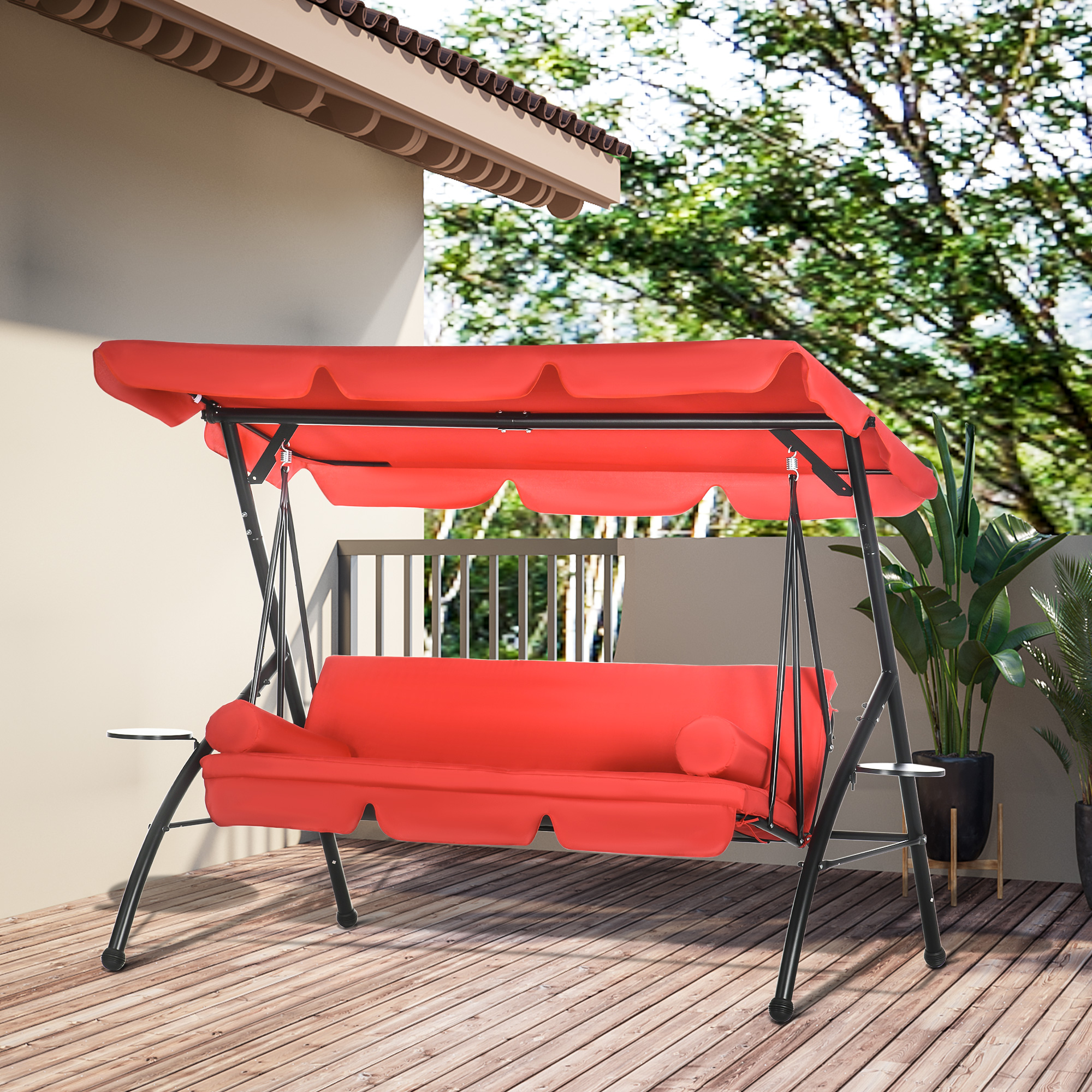 3-Seat Outdoor Patio Swing Chair, 2-in-1 Convertible Flat Bed, Canopy Swing Glider w/ Adjustable Shade, Removable Cushion and Pillows for Porch, Garden, Poolside - Image 6