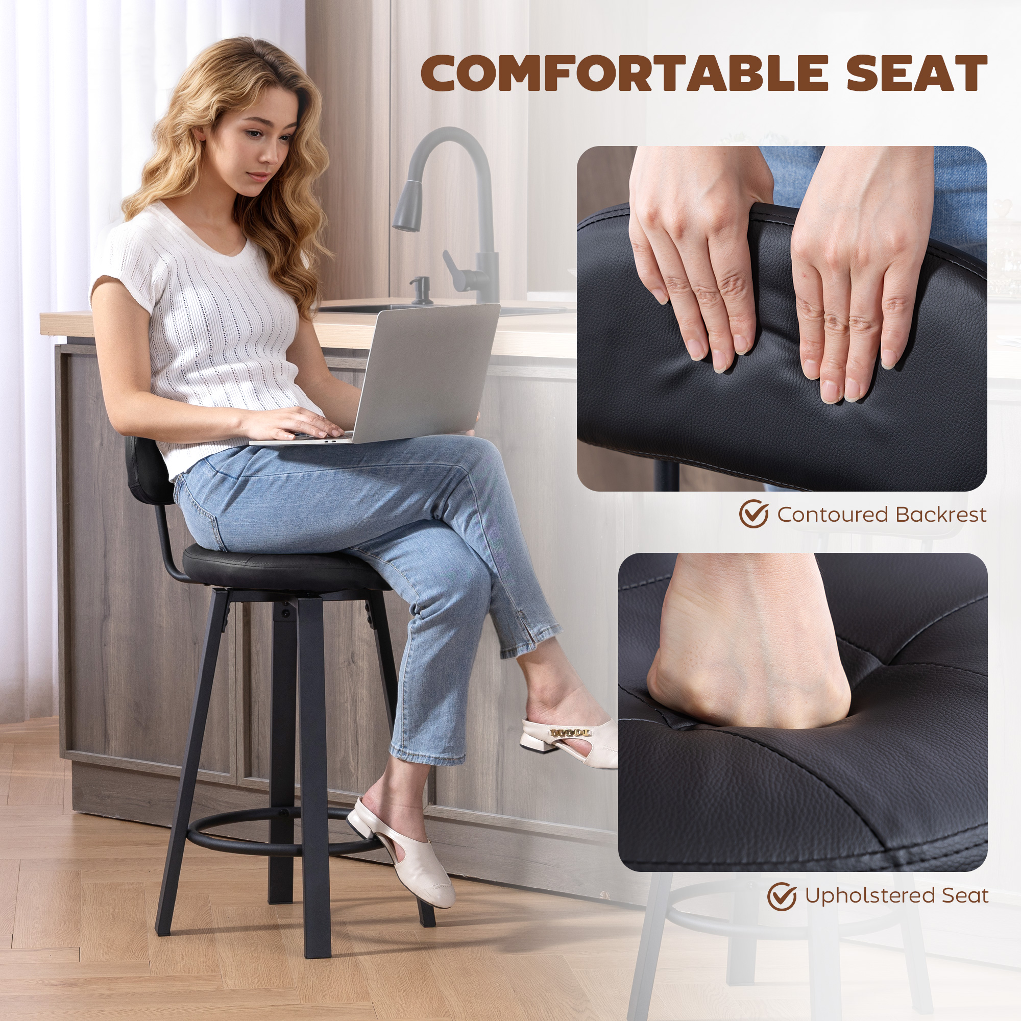 Bar Stools Set of 2, Upholstered Breakfast Bar Chairs with Footrest and Backrest for Kitchen Counter, Black - Image 3