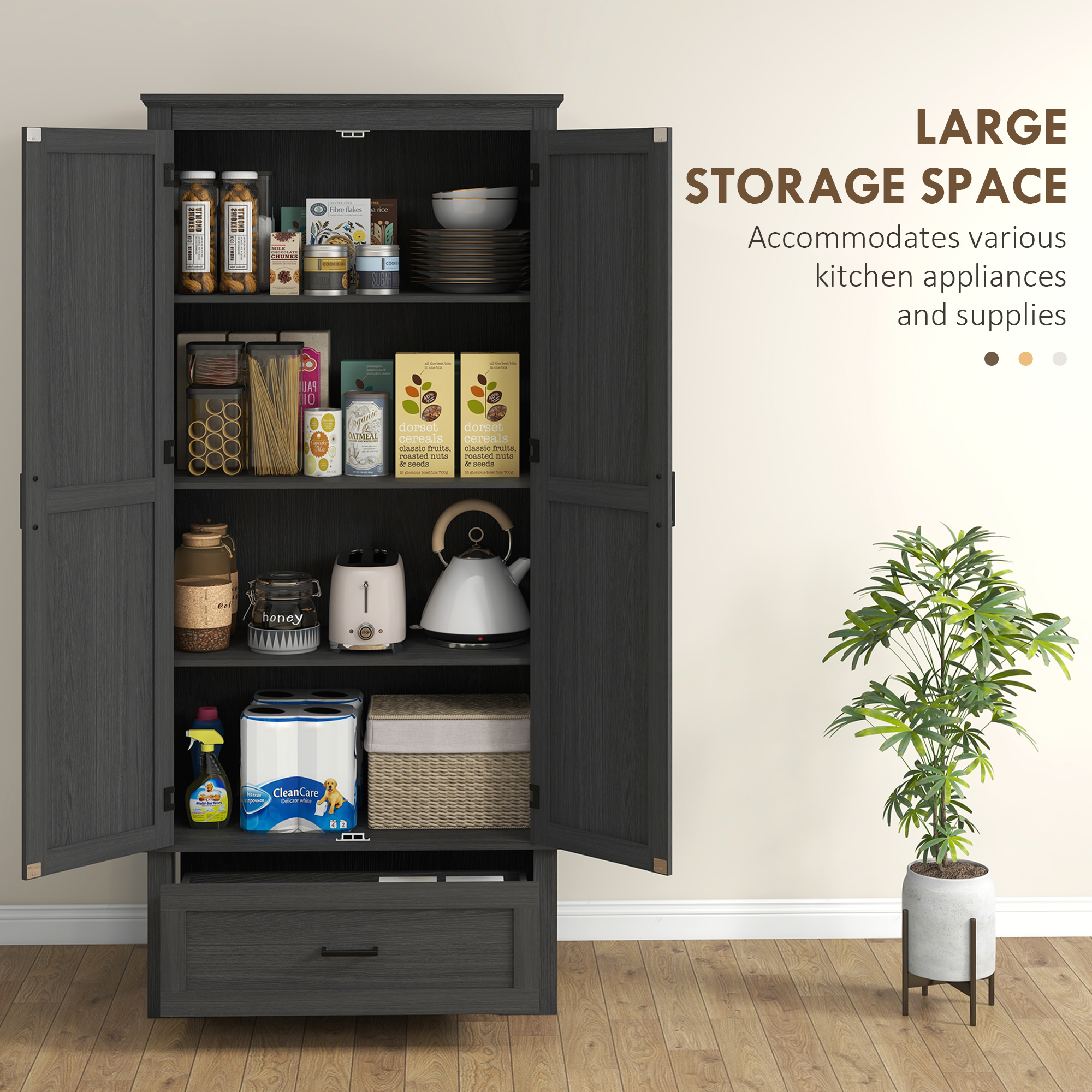 69" Tall Farmhouse Kitchen Pantry Cabinet with 2 Doors, Drawer and Adjustable Shelves, Black Wood Grain - Image 2