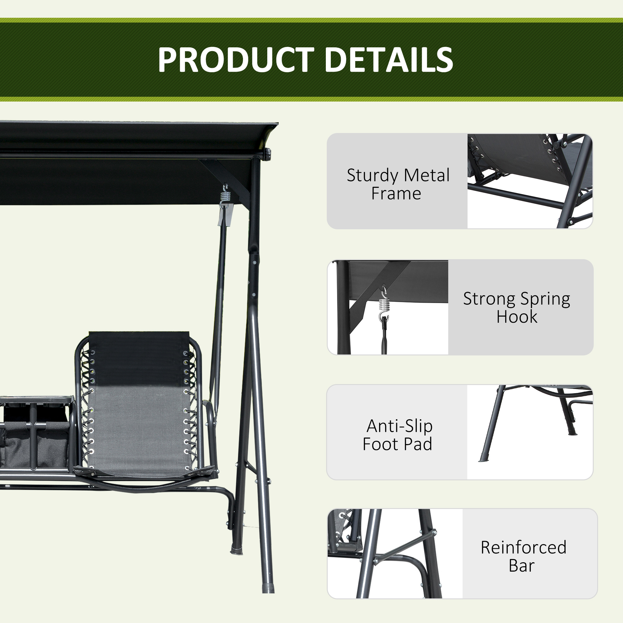 2 Person Covered Porch Swing Patio Swing with Pivot Storage Table, Cup Holder, & Adjustable Overhead Canopy, Black - Image 5