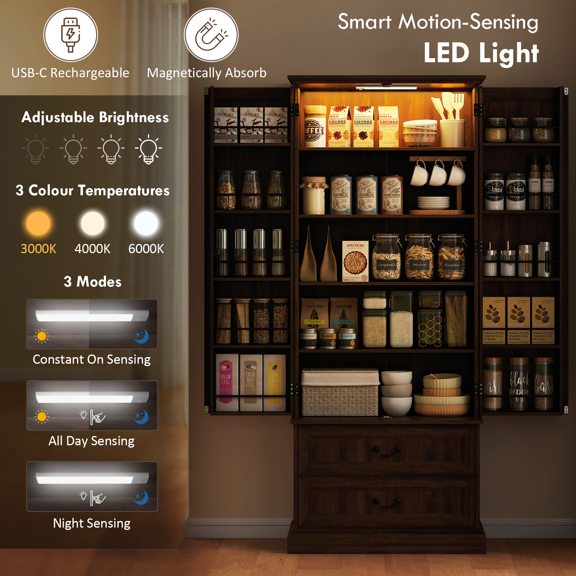 72" LED Kitchen Pantry Cabinet, Buffet Storage Cabinet with 10 Door Shelves, 2 Drawers and Adjustable Shelves, Brown - Image 2