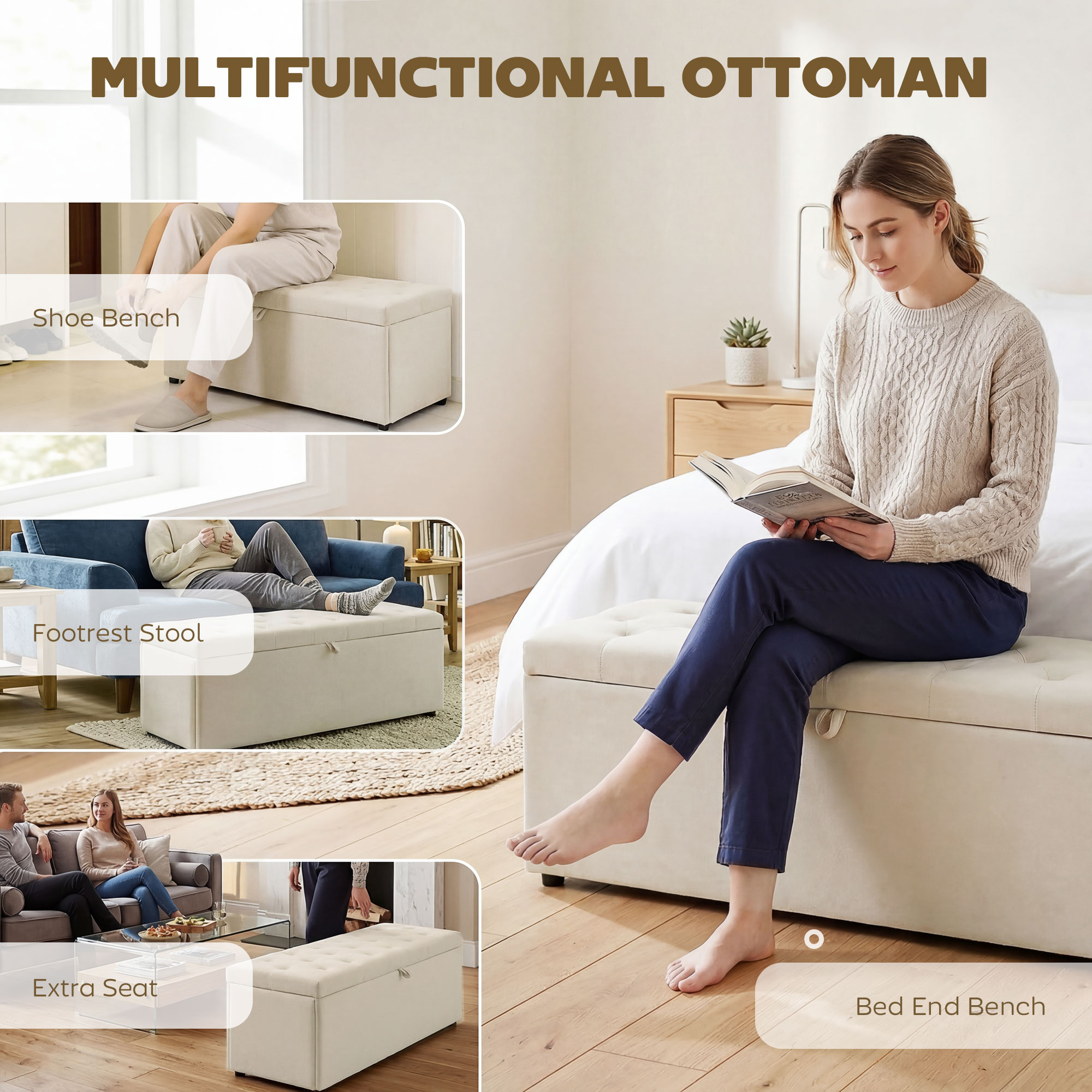 Storage Ottoman, Upholstered Velvet End of Bed Bench, Button Tufted Storage Bench for Bedroom, Living Room, Beige - Image 5