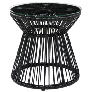 Round End Table, Rattan Side Table, Hollow Drum Design Coffee Table w/ Glass Tabletop for Patio, Garden, Balcony, Black