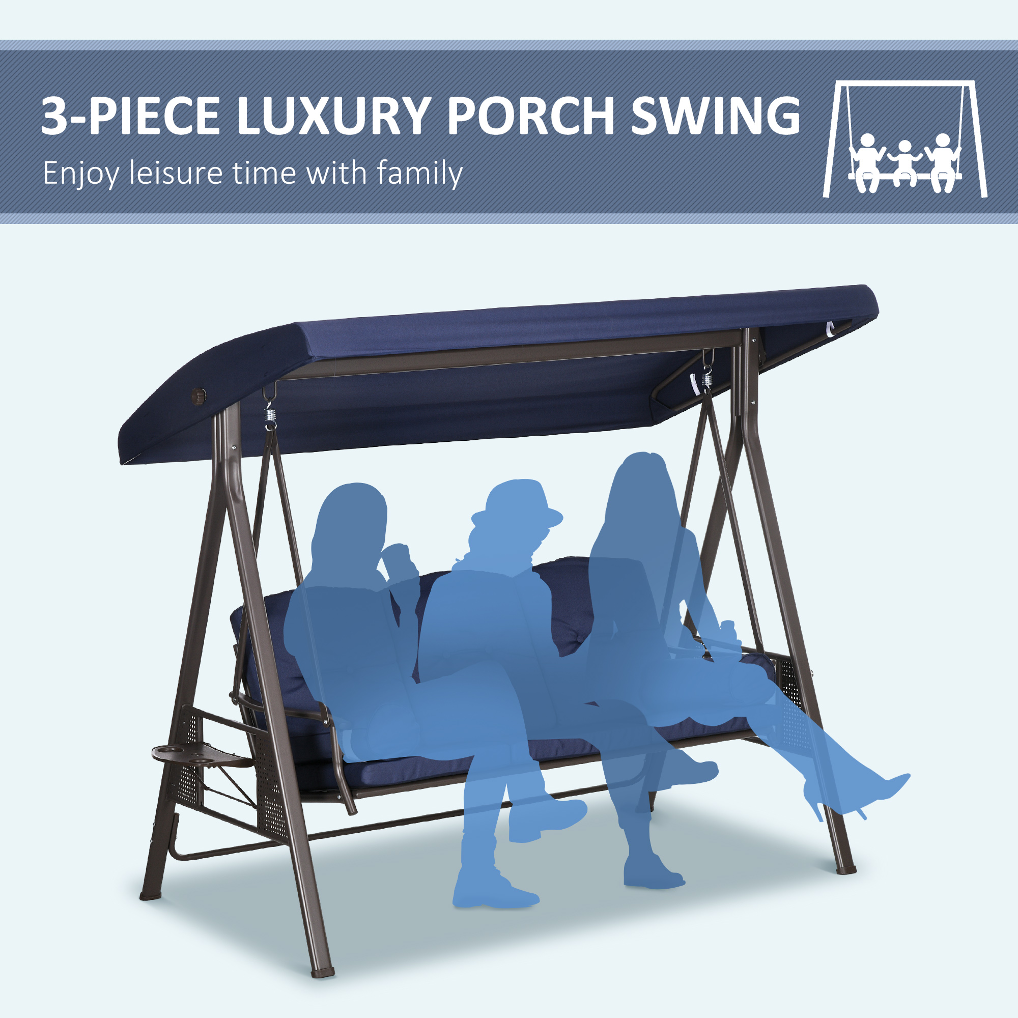 Outdoor Patio 3-Person Steel Canopy Cushioned Seat Bench Swing with Included Side Trays & Padded Comfort, Dark Blue - Image 5