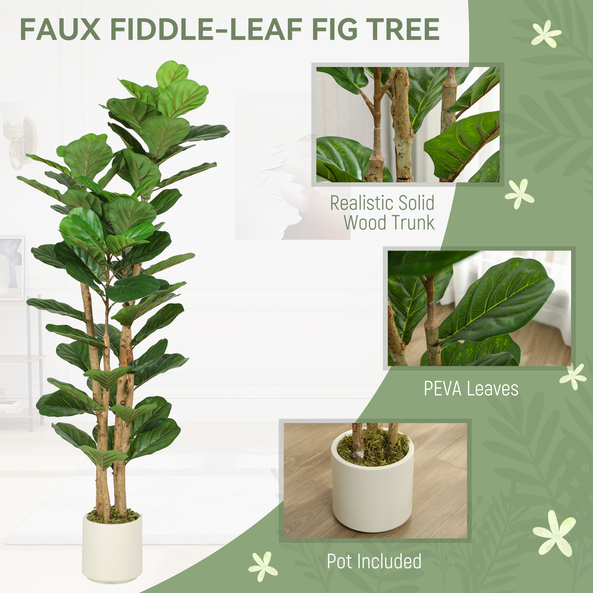 5FT Artificial Fiddle Leaf Fig Tree, Fake Potted Tree with Solid Wood Trunks for Indoor Decor, Green - Image 2