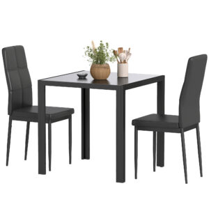 3-Piece Rectangular Glass Kitchen Table and Chairs with Metal Frame and Faux Leather Upholstery for Dining Room, Black