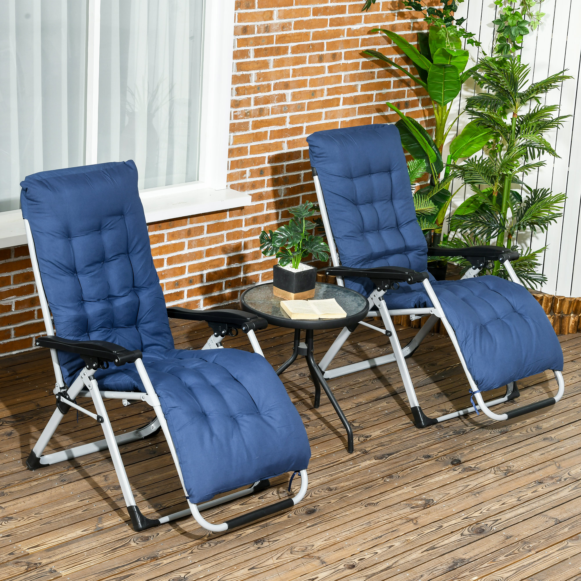 Folding Garden Chairs Set of 2, Reclining Zero Gravity Chair, Sun Lounger with Cushion and Headrest, Dark Blue - Image 6