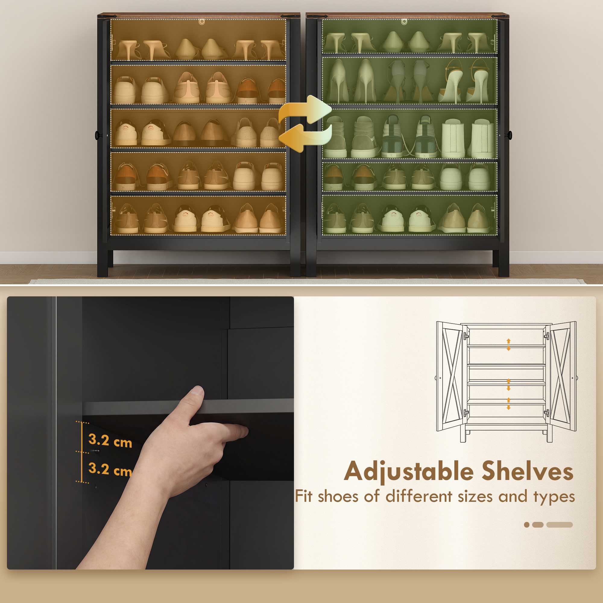 Shoe Cabinet with Barn Doors, Farmhouse Shoe Storage Cabinet with Adjustable Shelves, Holds up to 15 Pairs, Black - Image 4