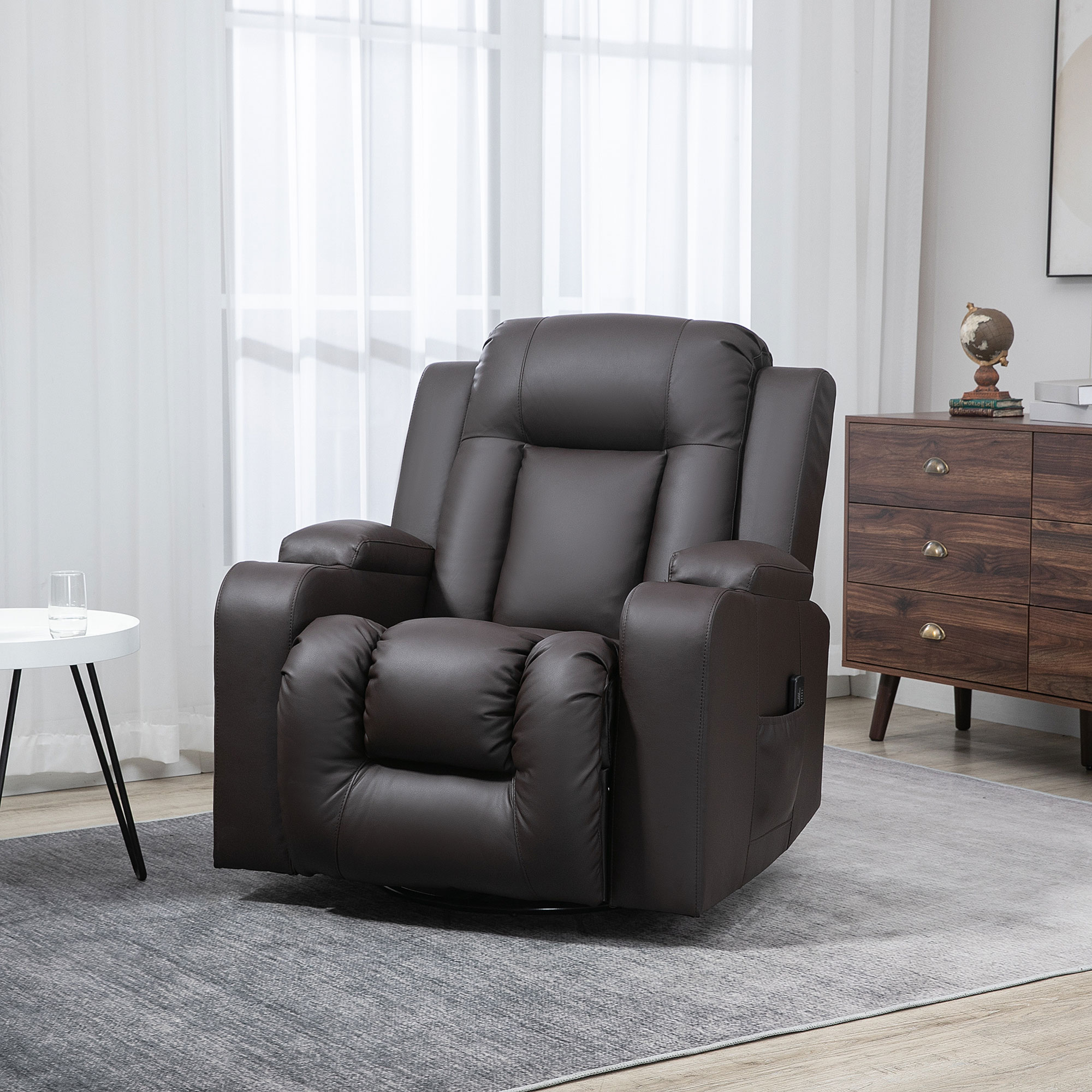 Swivel Massage Recliner Chair Rocker, Overstuffed Manual Reclining Sofa, PU Leather Rocking Chair with Side Pockets, Cup Holders, for Living Room, Nursery, Brown - Image 6