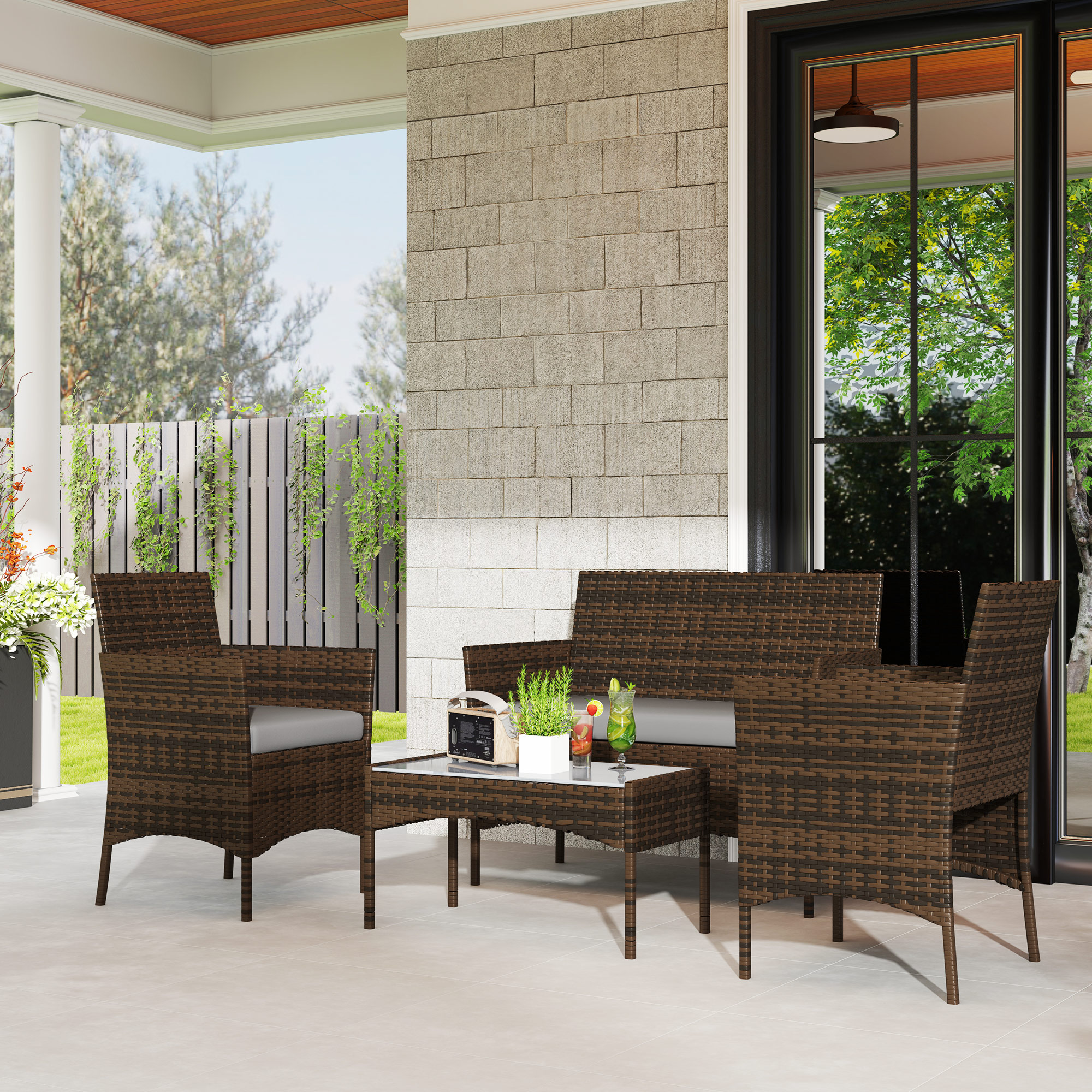 4 Pieces Wicker Outdoor Balcony Furniture Set Rattan Patio Furniture Set with Loveseat Chairs Glass Coffee Table Grey - Image 6