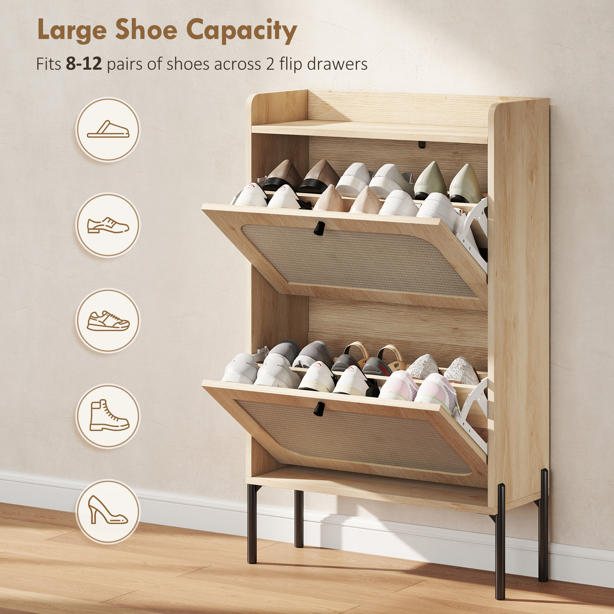 Shoe Cabinet with 2 Flip Drawers, Boho Narrow Shoe Storage Cabinet, Oak - Image 3