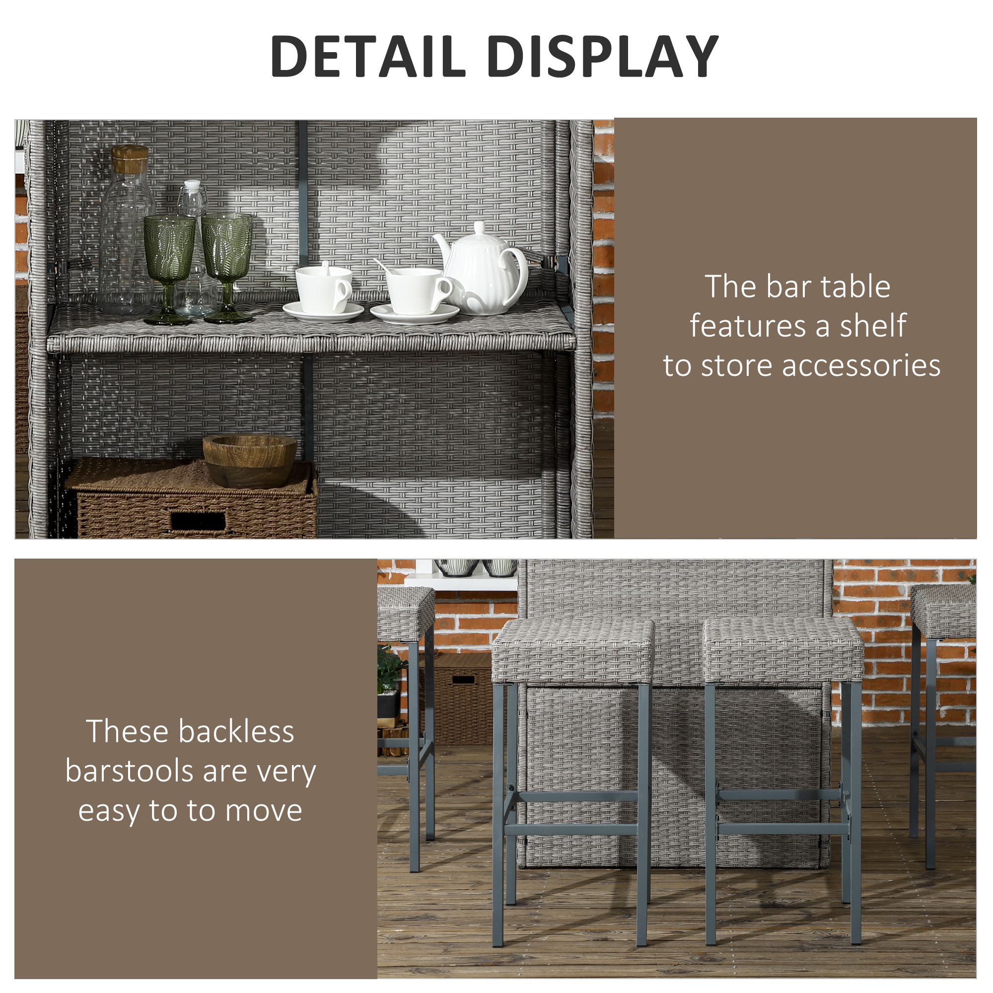 5 Pieces Patio Bar Set, Outdoor PE Rattan Wicker High Top Outdoor Table and Chairs Outdoor Bar Set with Tempered Glass Top Bar Table and Shelves, 4 Bar Chairs, Grey - Image 3