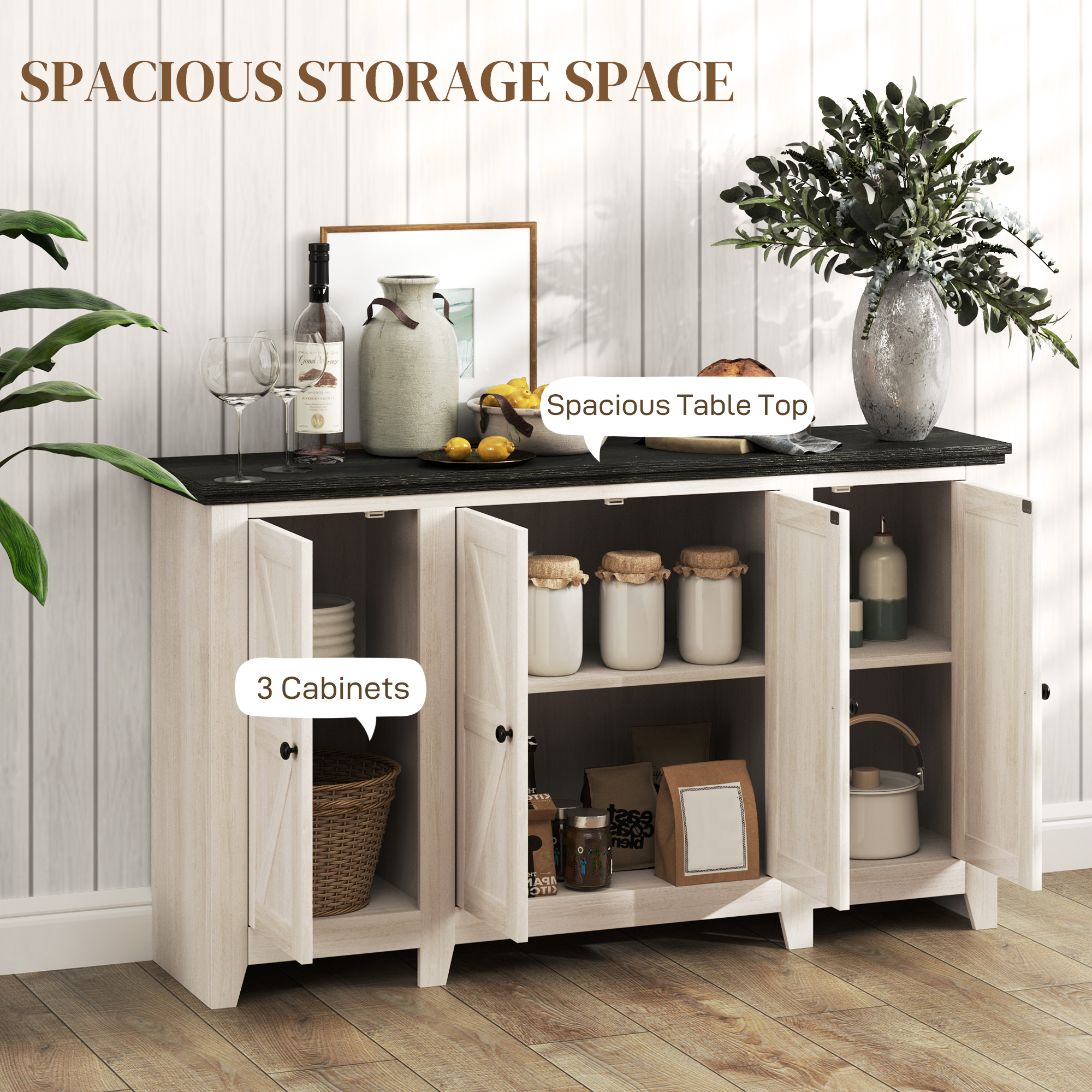 Rustic Sideboard, Buffet Cabinet with Adjustable Shelves for Living Room, Dining Room, Entryway, White Wood Grain - Image 2