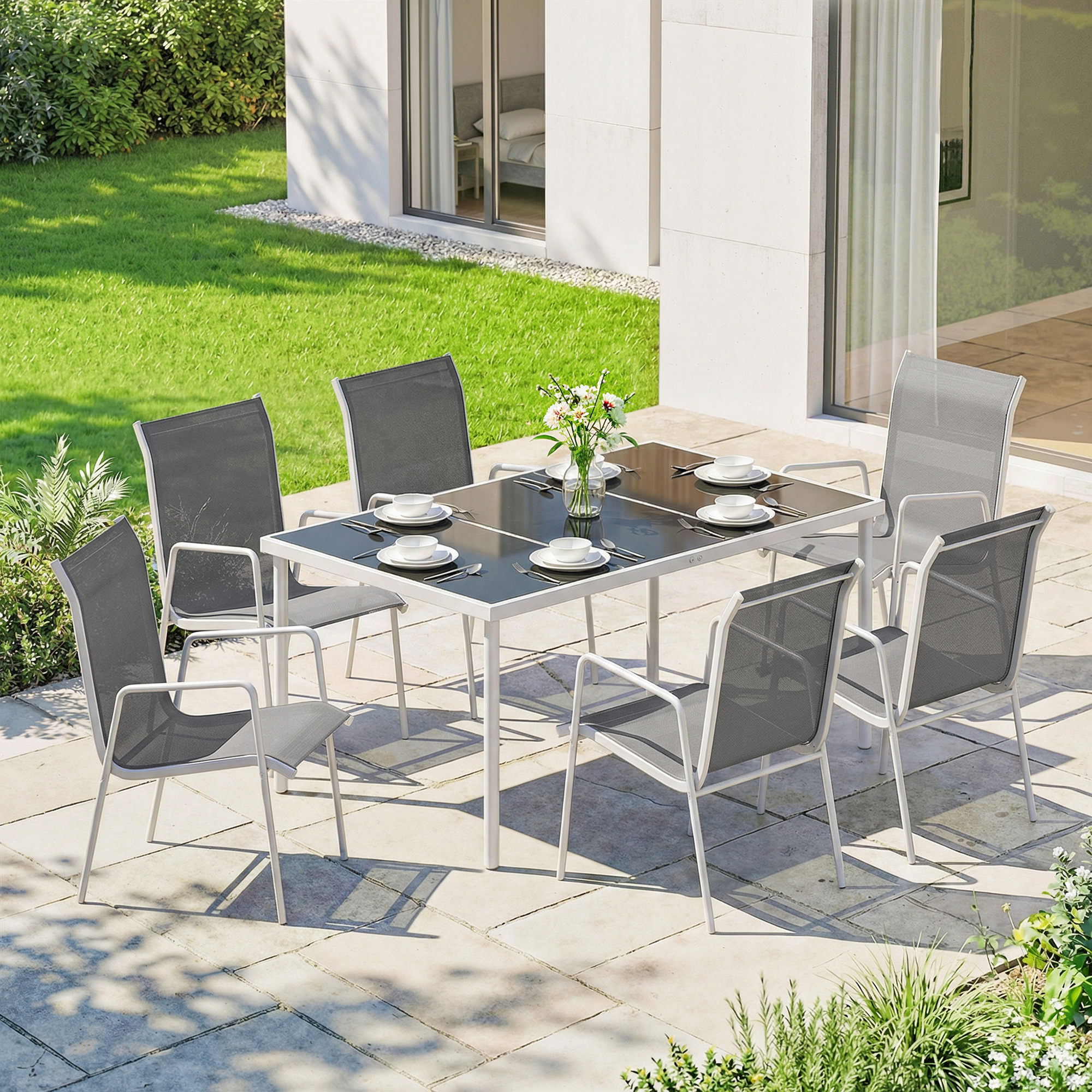 7 Piece Garden Dining Set, Garden Furniture Set with Rectangle Table and 6 Stackable Chairs - Image 6