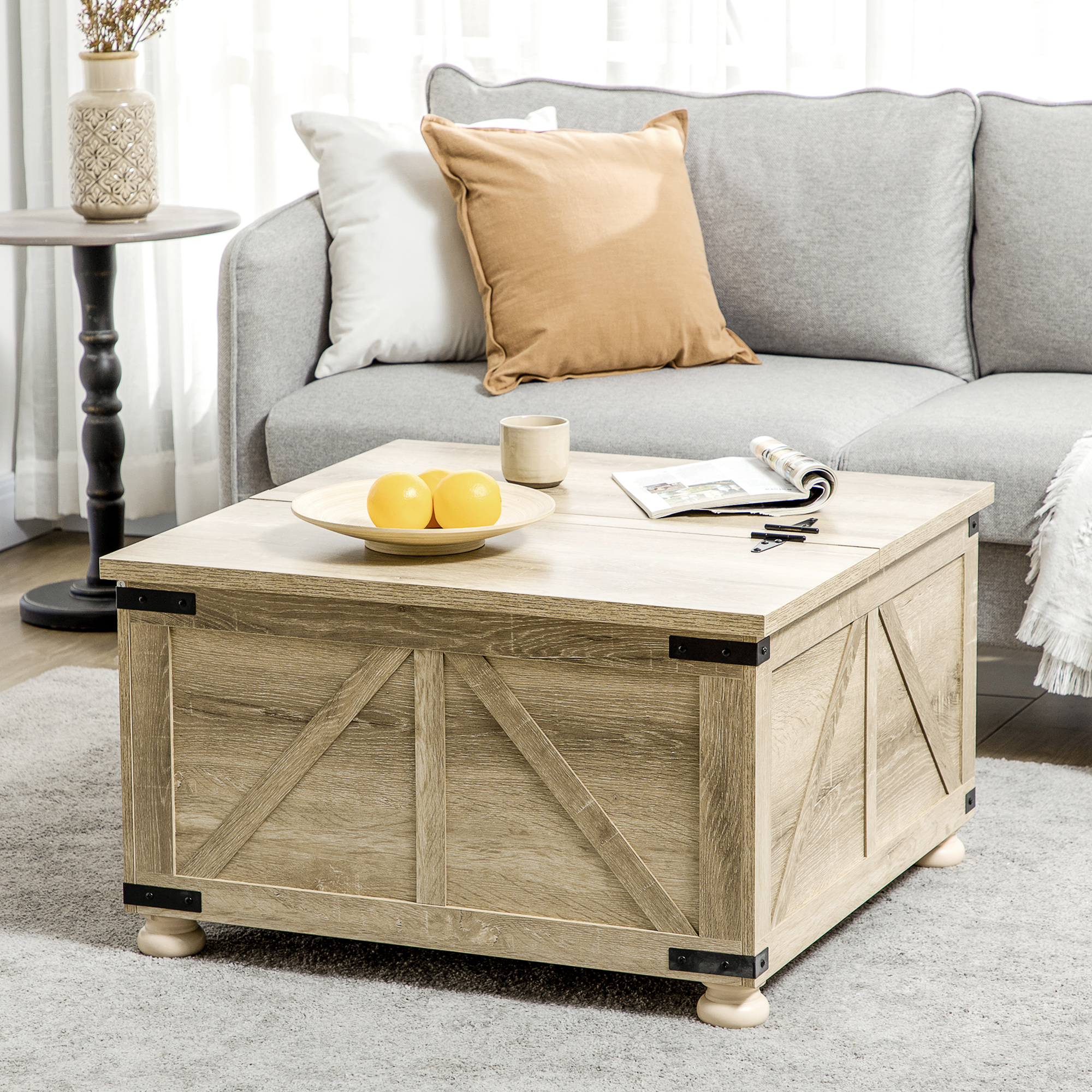 Farmhouse Coffee Table, Square Center Table with Flip-top Lids, Hidden Storage Compartment and Wooden Legs, Oak - Image 6