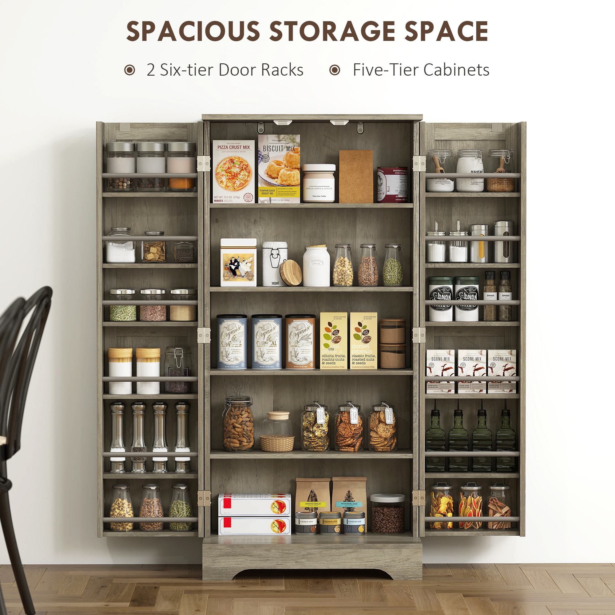 50" Pantry Storage Cabinet, Farmhouse Kitchen Pantry Cabinet with Doors, Adjustable Shelves, Distressed Grey - Image 3