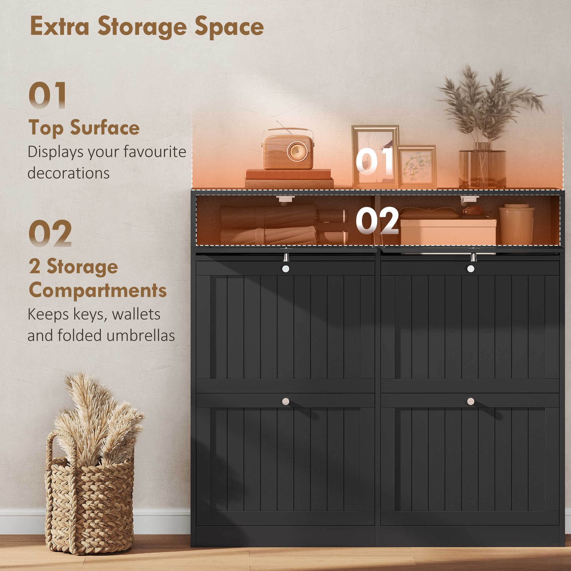 Shoe Cabinet with 2 Large Flip Drawers, Farmhouse Narrow Shoe Storage Cabinet with 2 Top Compartments, Black - Image 5